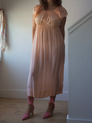 1930s Peach Silk Capelet Smocked Tie Waist Slip Dress