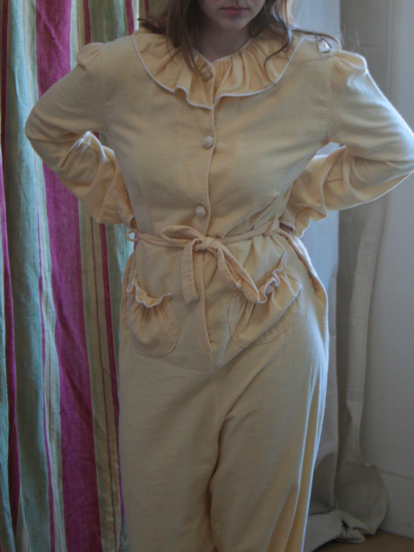 1940s Butter Yellow Soft Flannel Ruffle Trim Lounge Jumpsuit