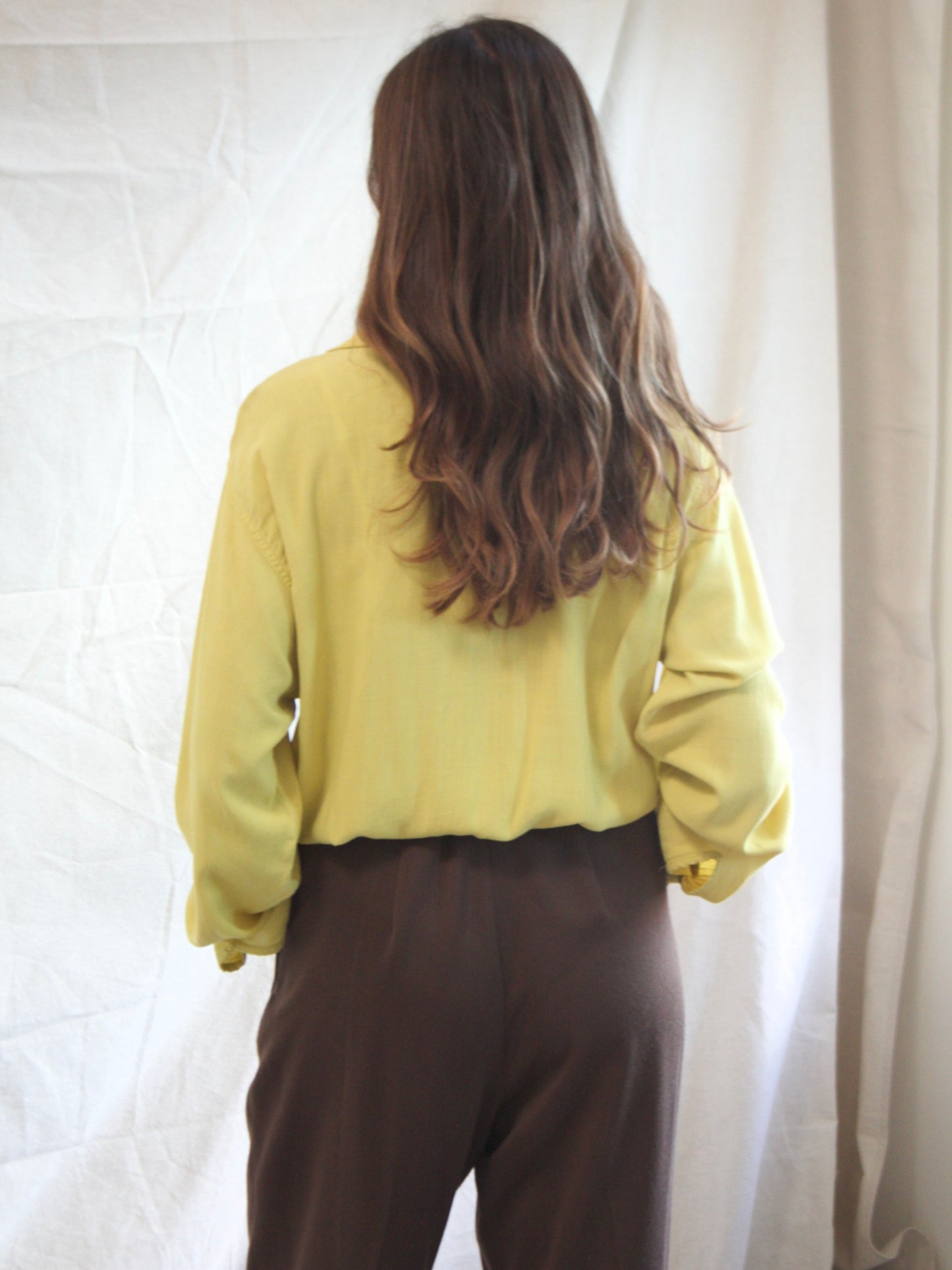 Rare 1950s Vibrant Chartreuse Smocked Gaucho Loop Collar Shirt