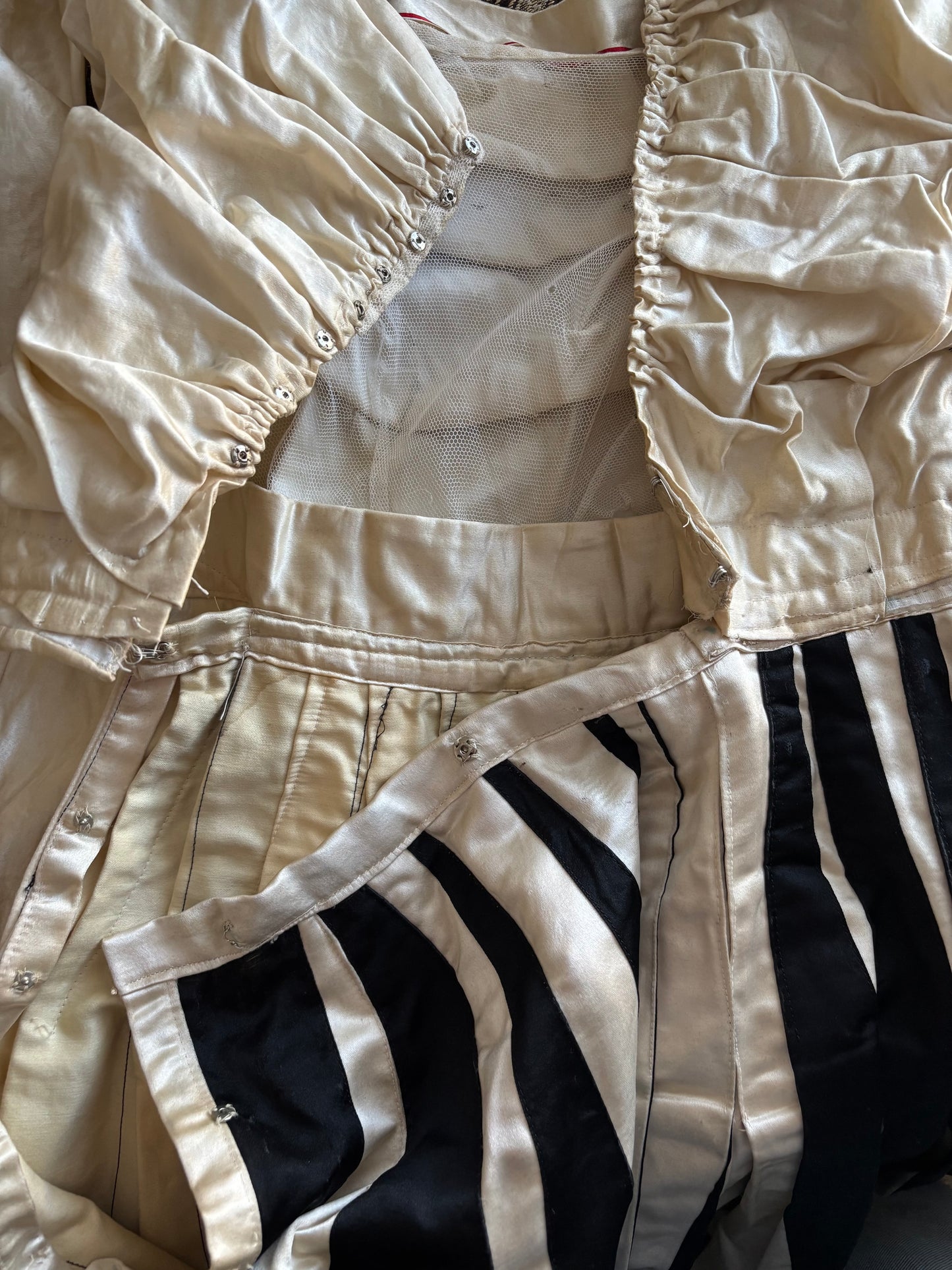 One Of A Kind Antique 1910s B&W Satin 4 Piece Mardi Gras Harem Pant Jumpsuit Ensemble