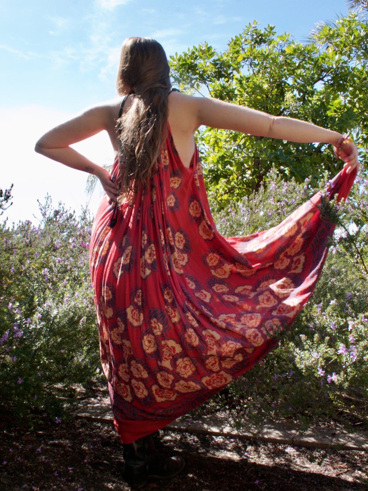 Antique Turkey Red Woven Silk Floral Print Drawstring Dress