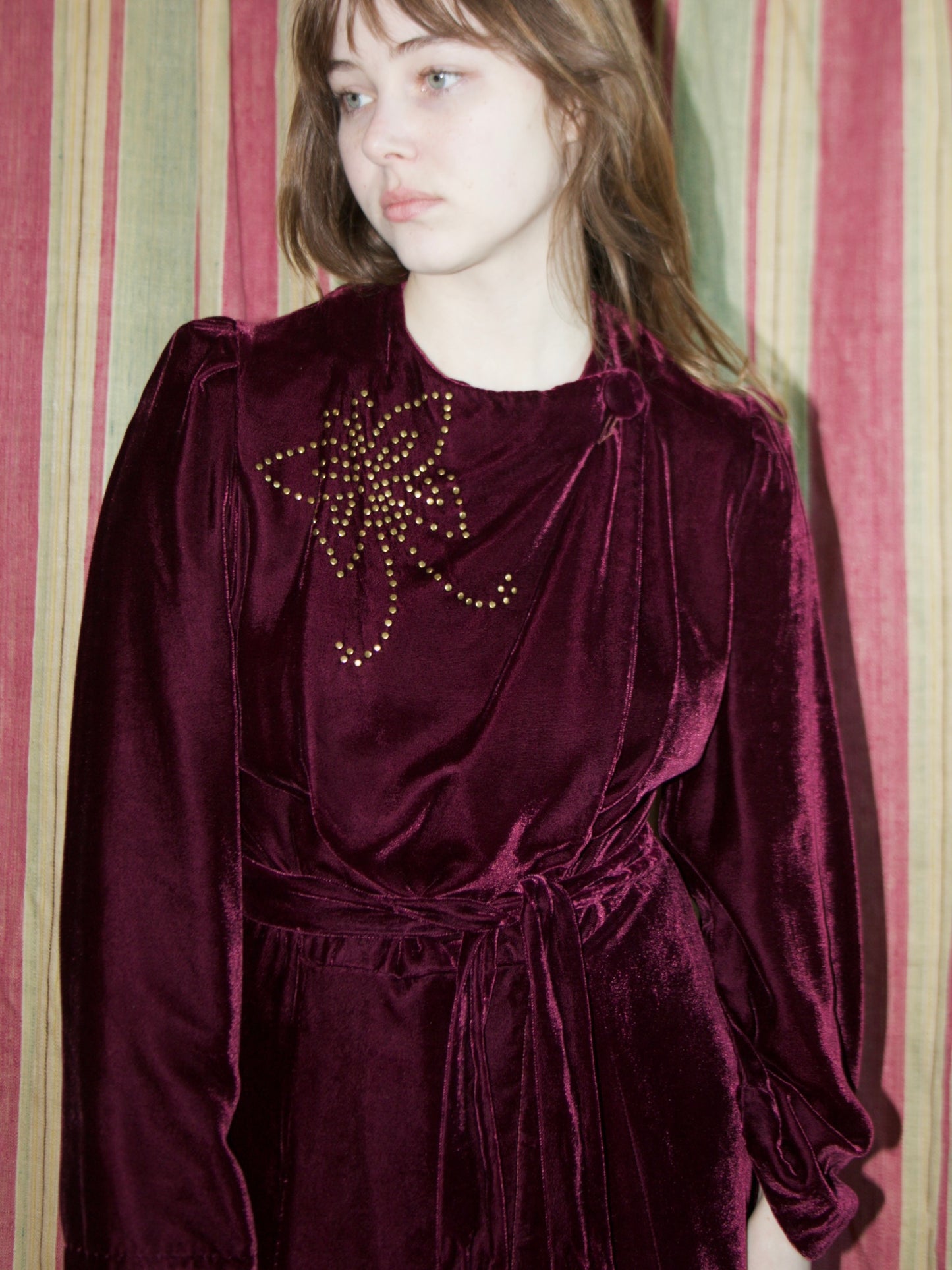 1940s Studded Merlot Velveteen Strong Shoulder Wrap Gown