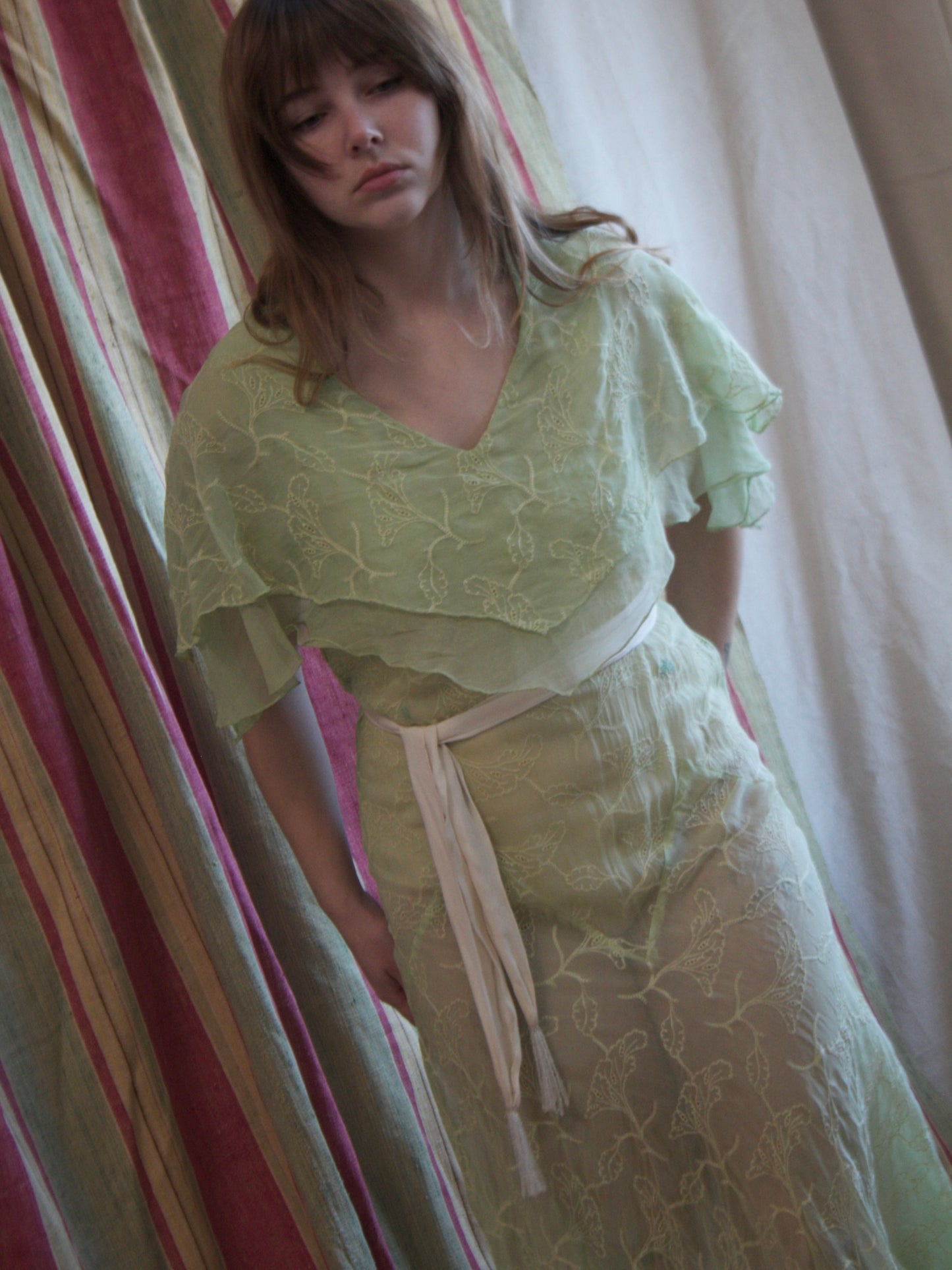 1930s Lime Embroideed Silk Chiffon Capelet Bias Cut Gown