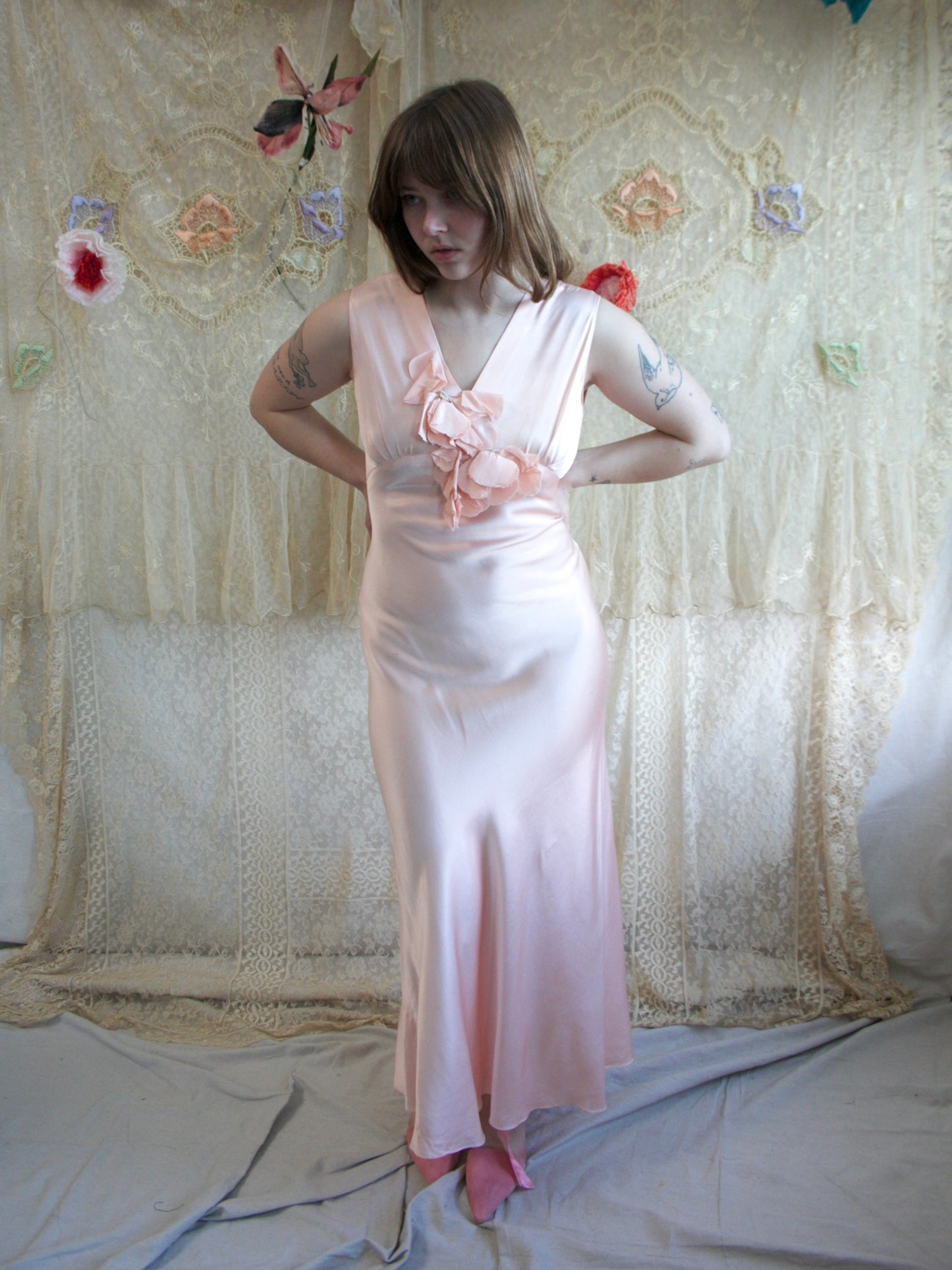 1930s Sculptural 2 Piece Bias Cut Satin Dress Set
