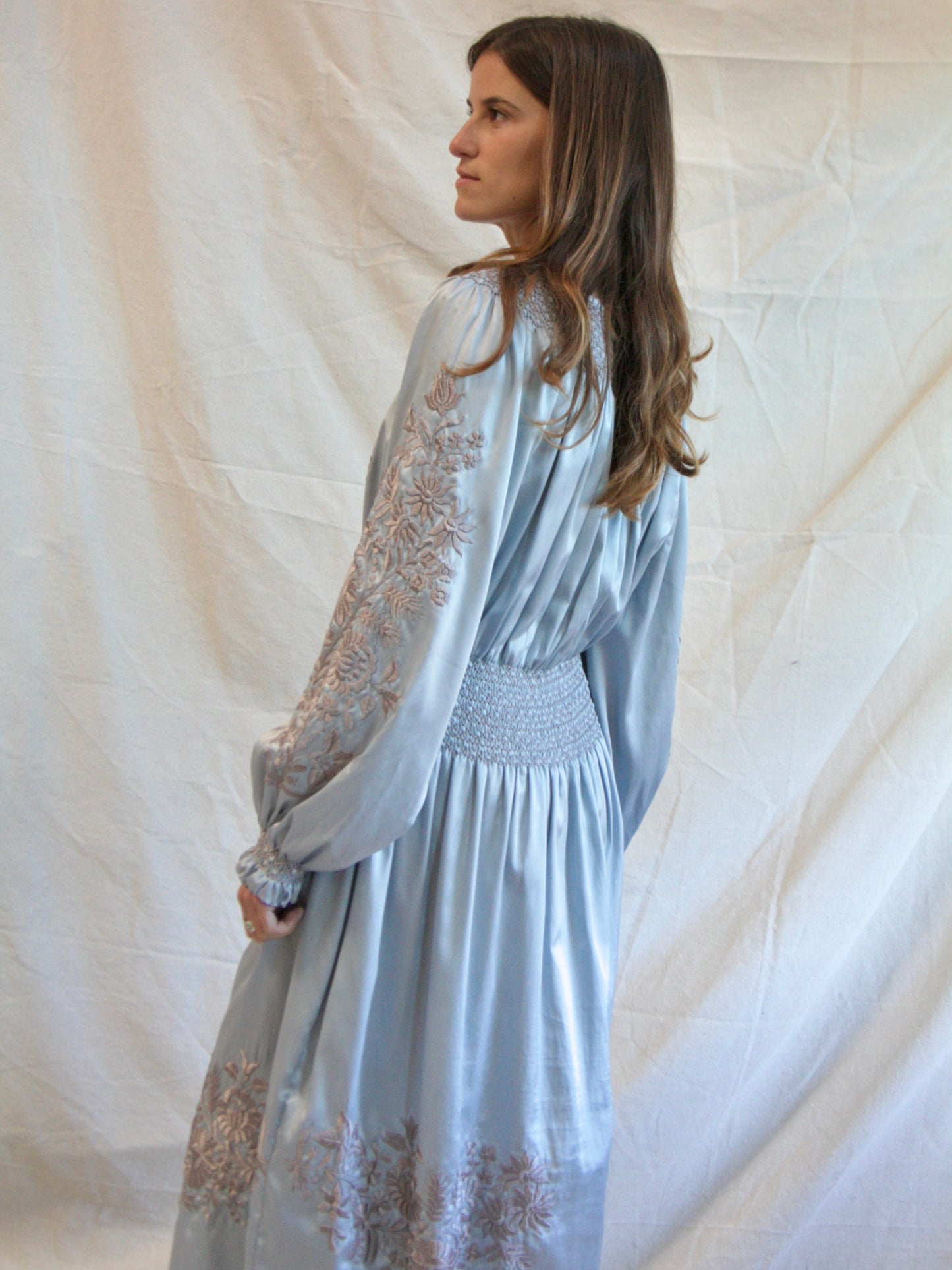 Vintage Icey Blue Silk Satin Hungarian Embroidered Peasant Dress