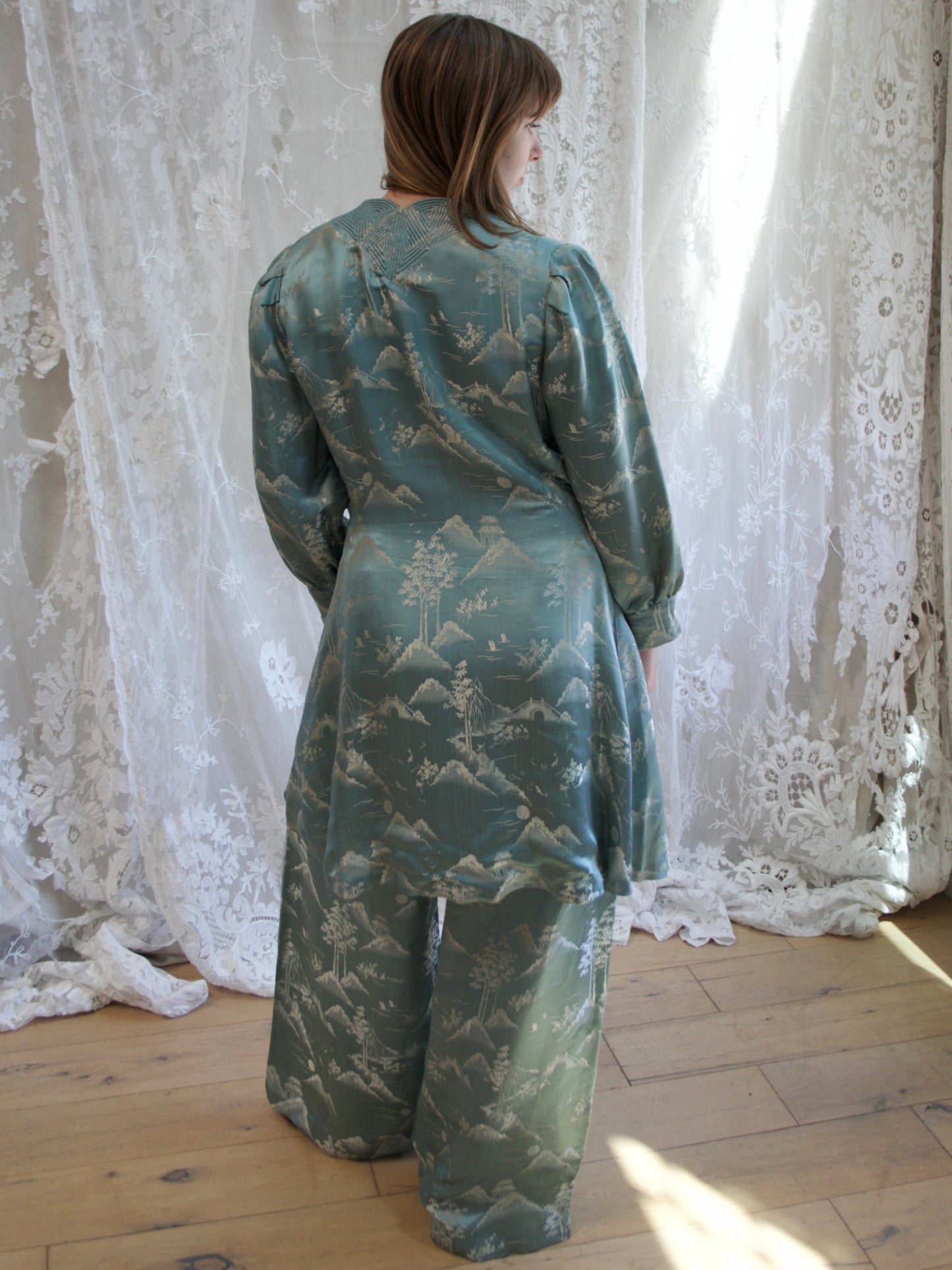 1930s Cornflower Blue Silk Jacquard 2 PC Palazzo Pant Tunic Set