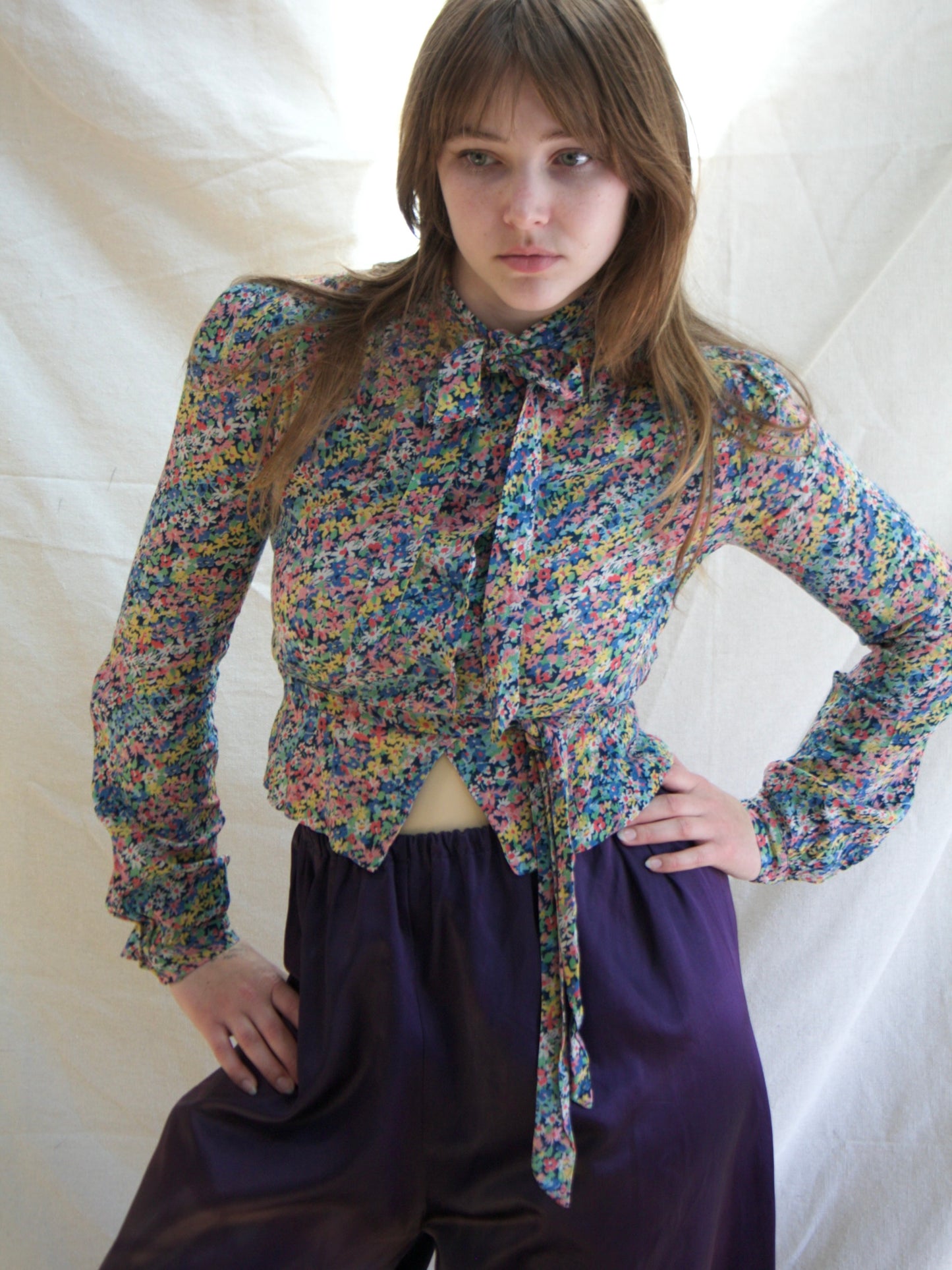1930s Micro Floral Belted Rayon Crepe Cropped Blouse