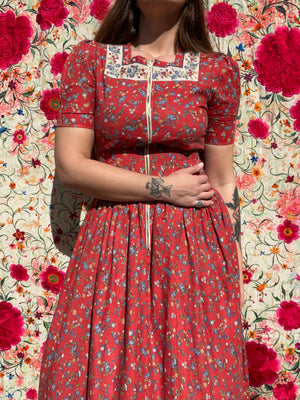 Romantic 1930s Puff Sleeve Zip Front Floral Cotton Dress