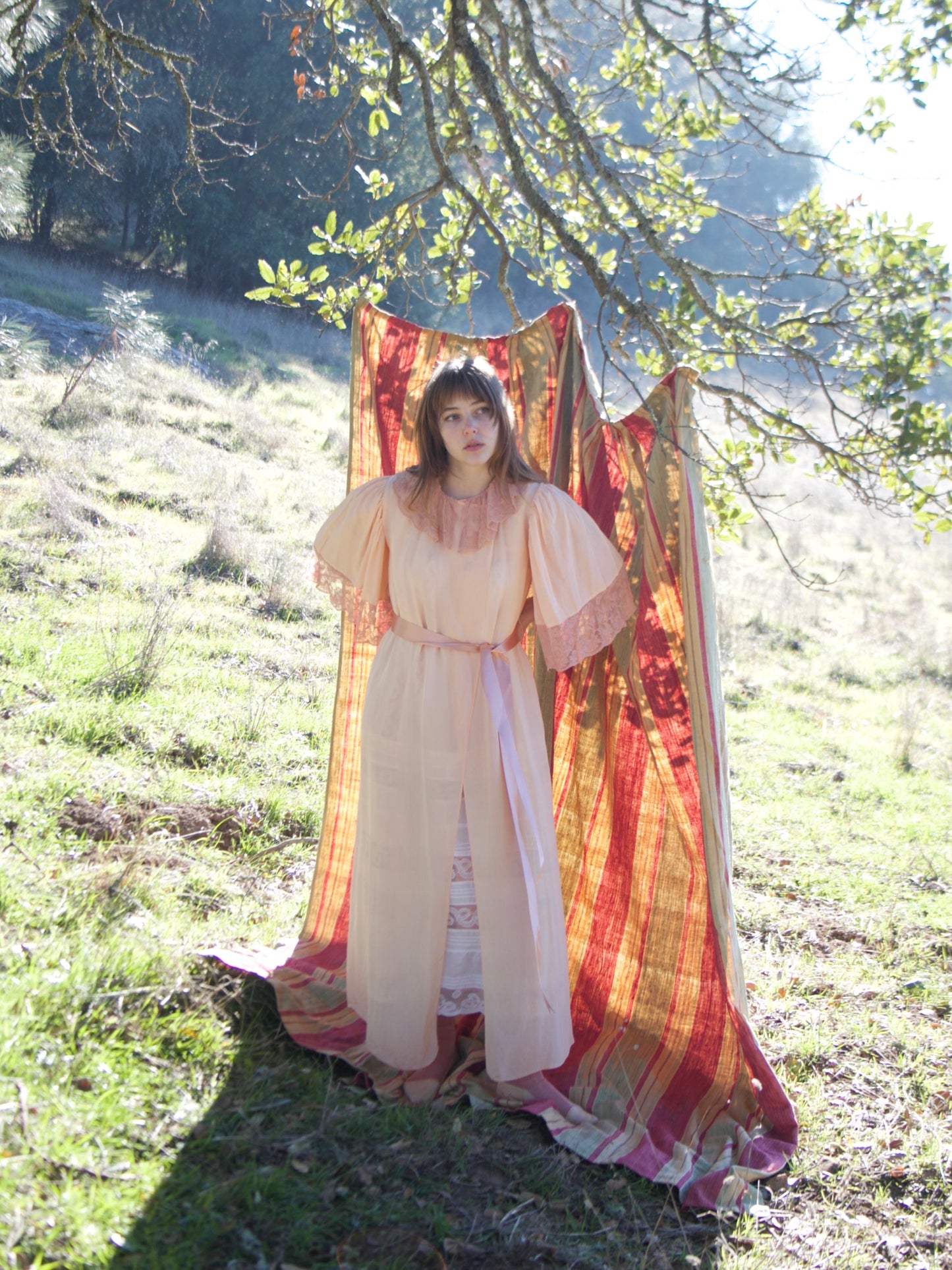 1930s Flutter Sleeve Tambour Lace Trim Wrap Robe
