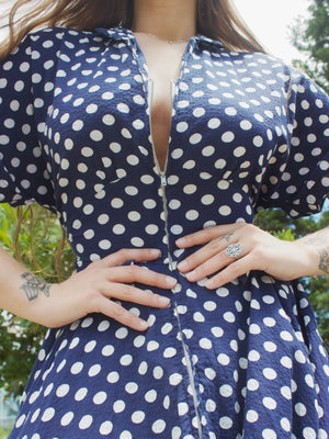 1940s Indigo Polka Dot Seersucker Zip Front House Dress