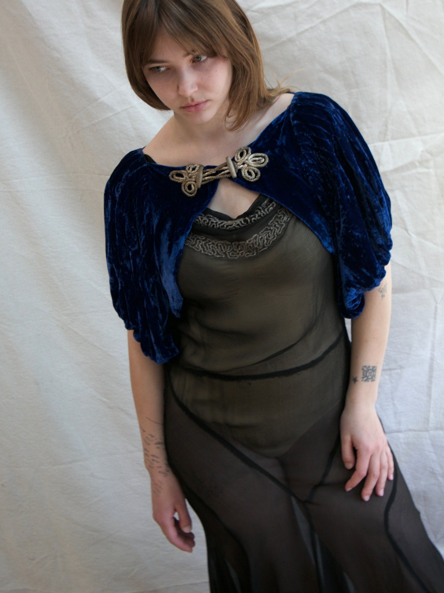 1930s Cobalt Silk Velvet Lamè Trim Puff Sleeve Bolero