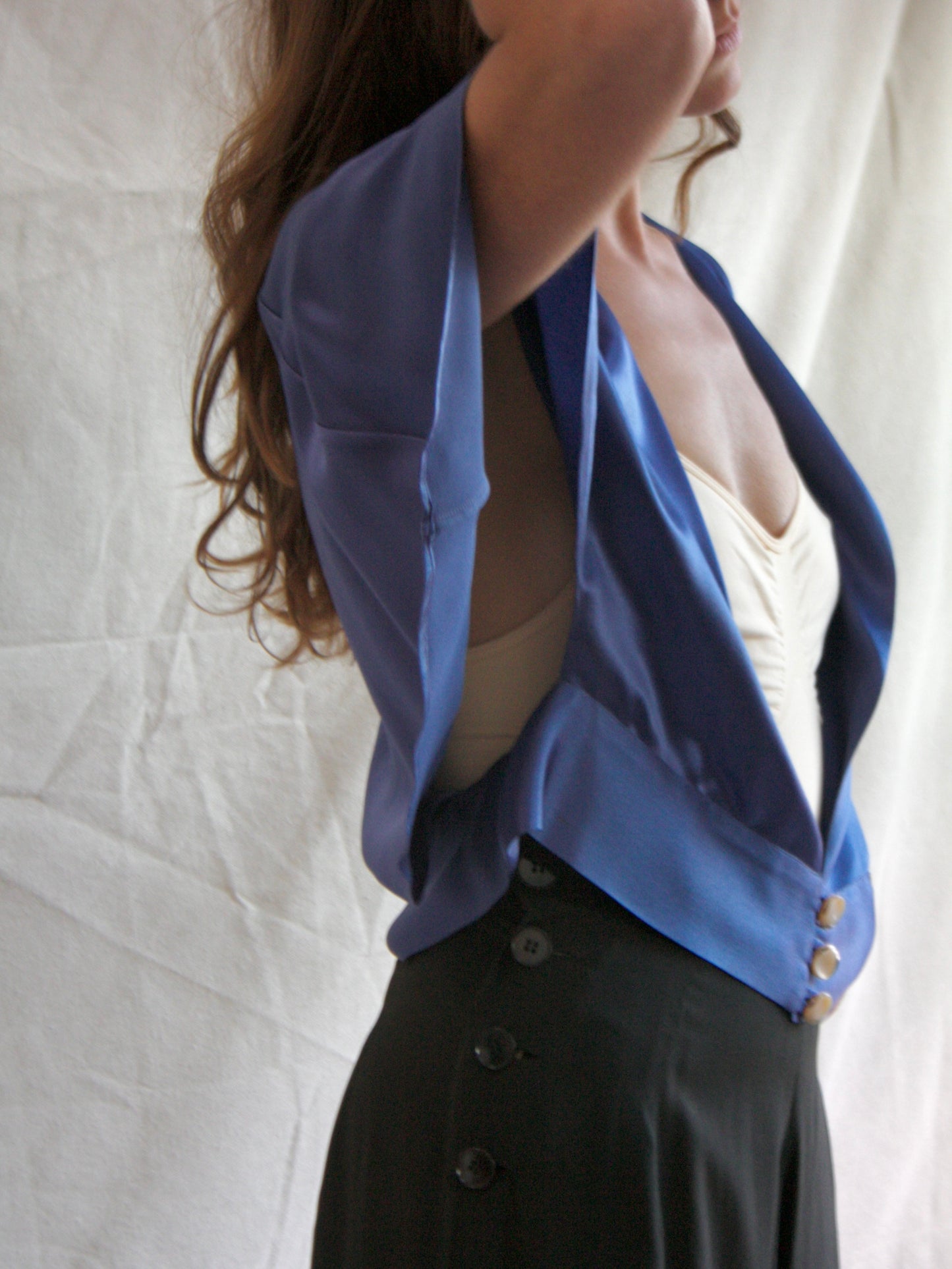 1930s Cobalt Blue Silk Plunging Open Side Capelet Blouse