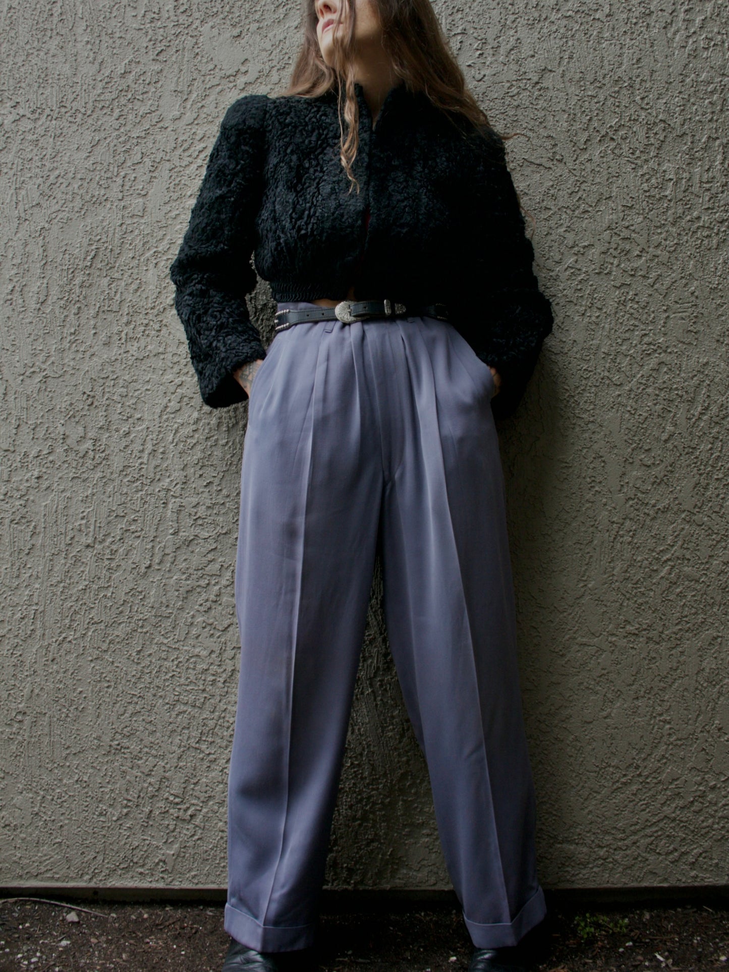 1940s Curly Lamb Cropped Strong Shoulder Jacket