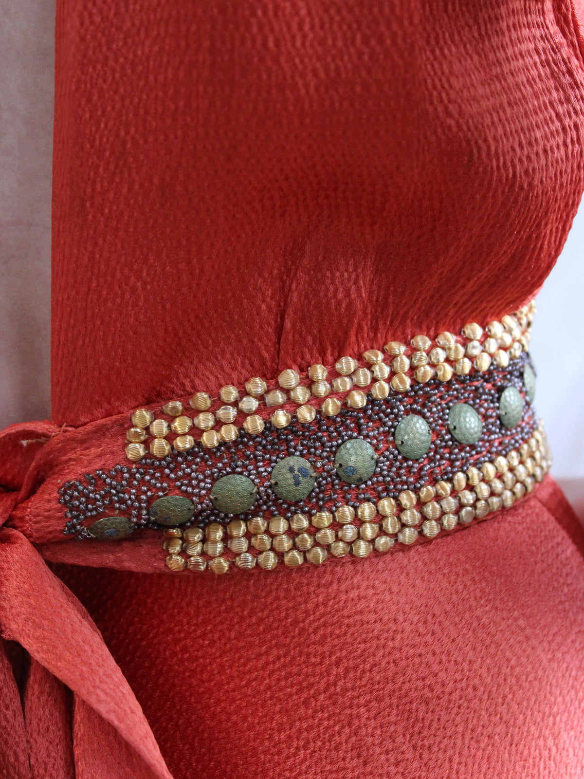 1930s Deco Tangerine Hammered Silk 24K Gold Beaded Bias Gown
