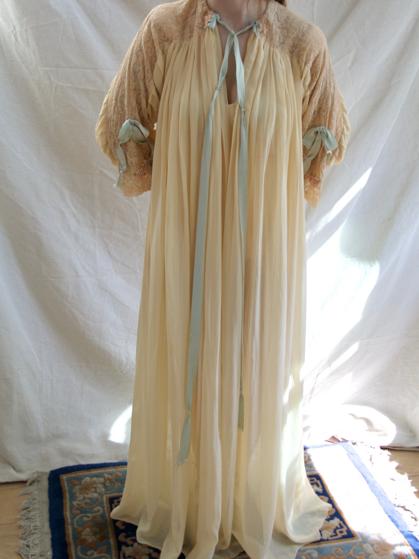 Rare 1947 Custom Hand Made Chiffon Lace Ribbonwork Peignoir