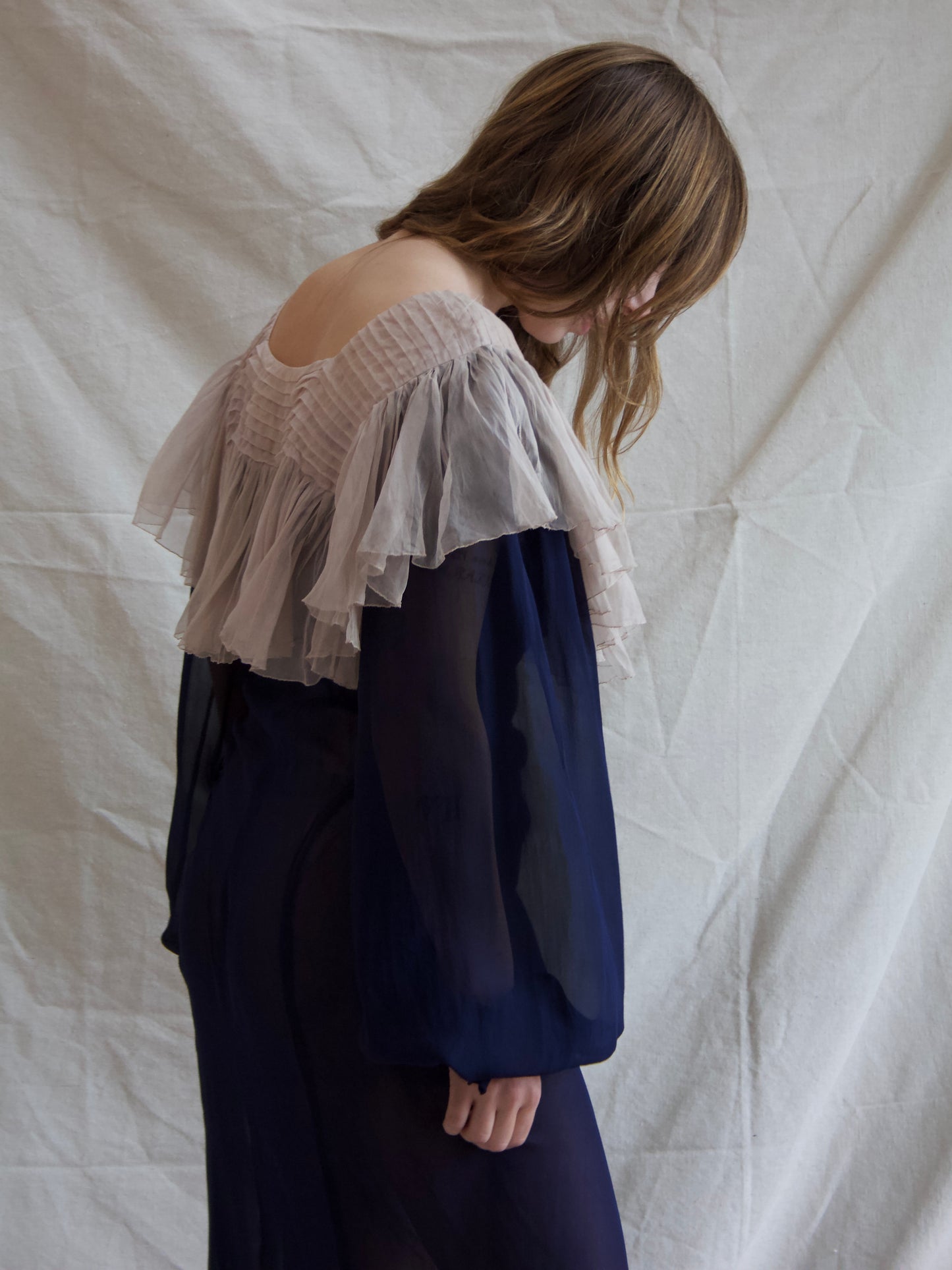1930s Neckline Flounce Deep Navy Chiffon Bias Cut Bishop Sleeve Gown