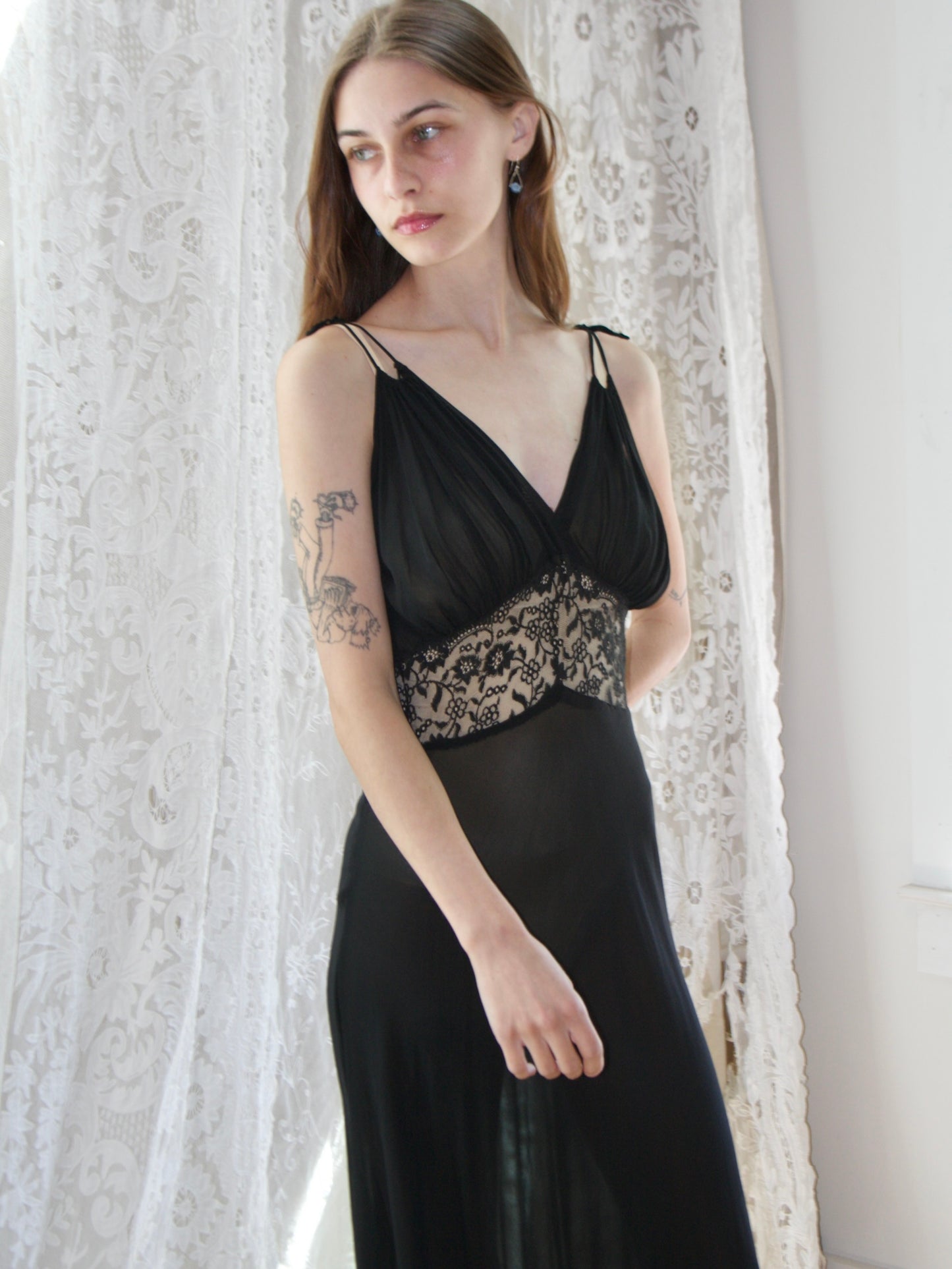 1930s Two Piece Inky Black Silk & Lace Gown/ Peignoir Set