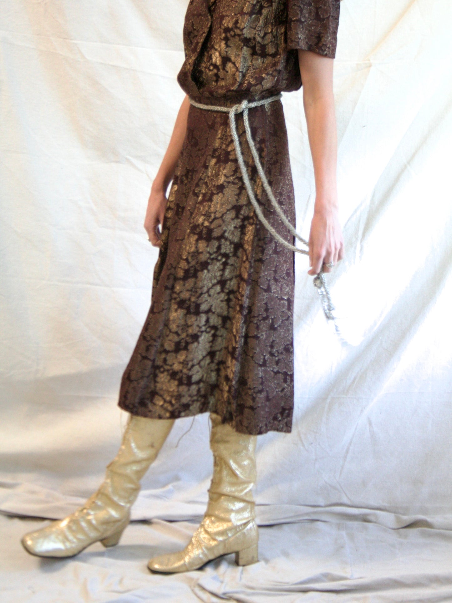 1940s Puff Sleeve Chocolate & Gold Lamé Dress