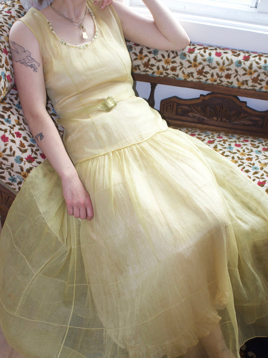 1930s Buttery-Chartreuse Silk Organza Drop Waist Gown