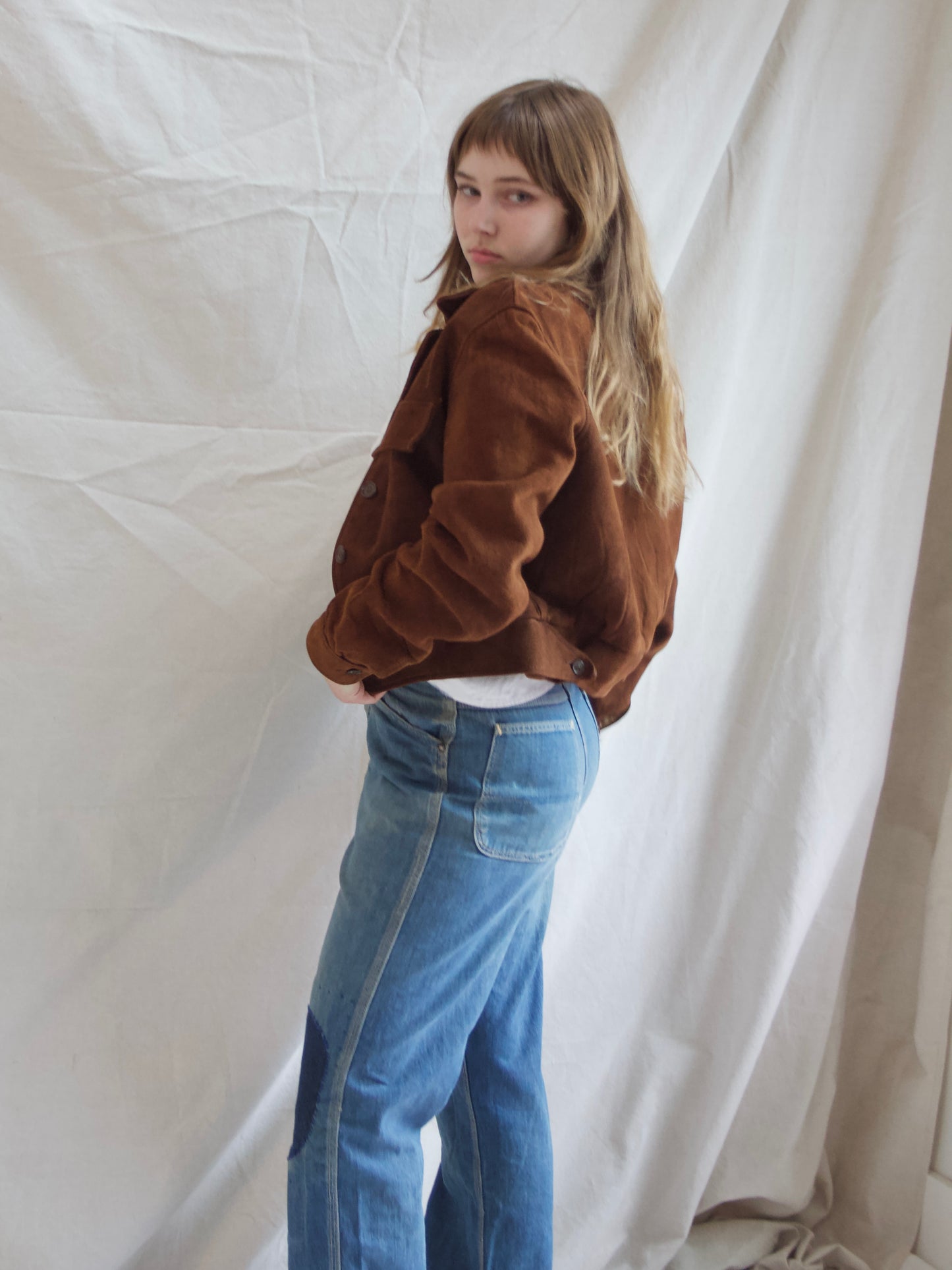 1940s Cropped Suede Flannel Lined Side Cinch Jacket
