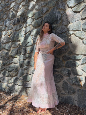 Antique Edwardian Pink Swiss Dot Insertion Lace Tea Gown