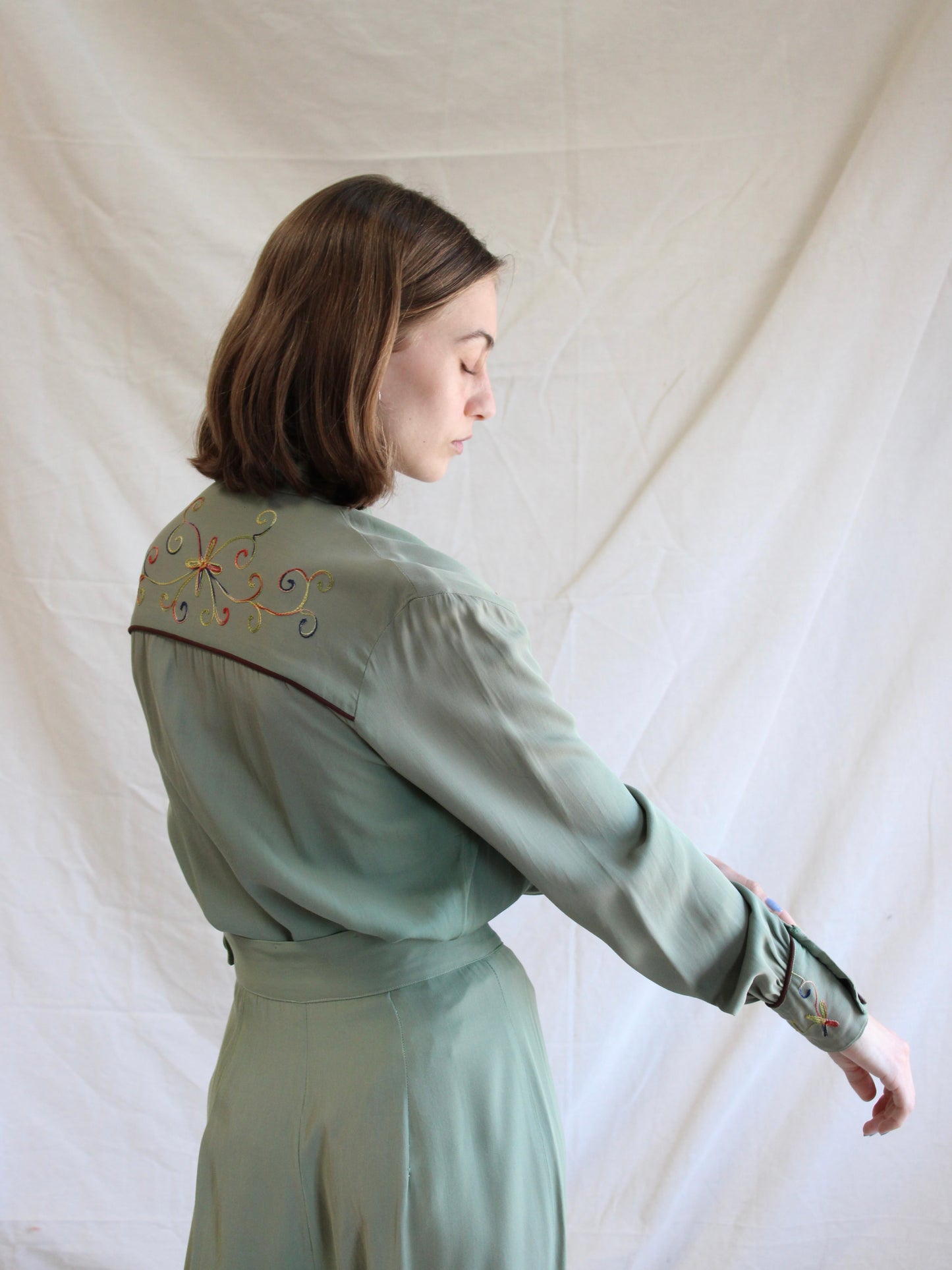 1940s Faded Green Gabardine Western Chain-stitched 2 PC Sportswear Set