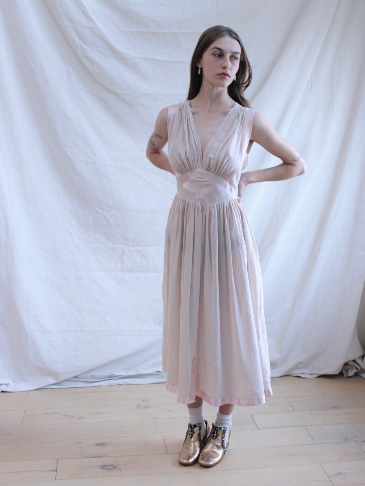 1940s Silk Fischer Two Tone Ruched Lingerie Gown