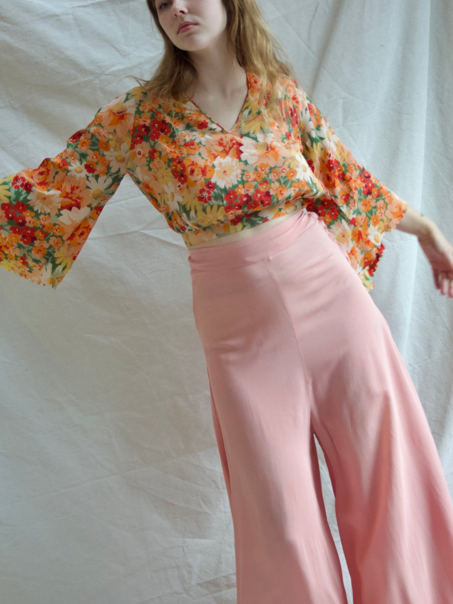 1930s Floral Print Silk Bell Sleeve Cropped Blouse