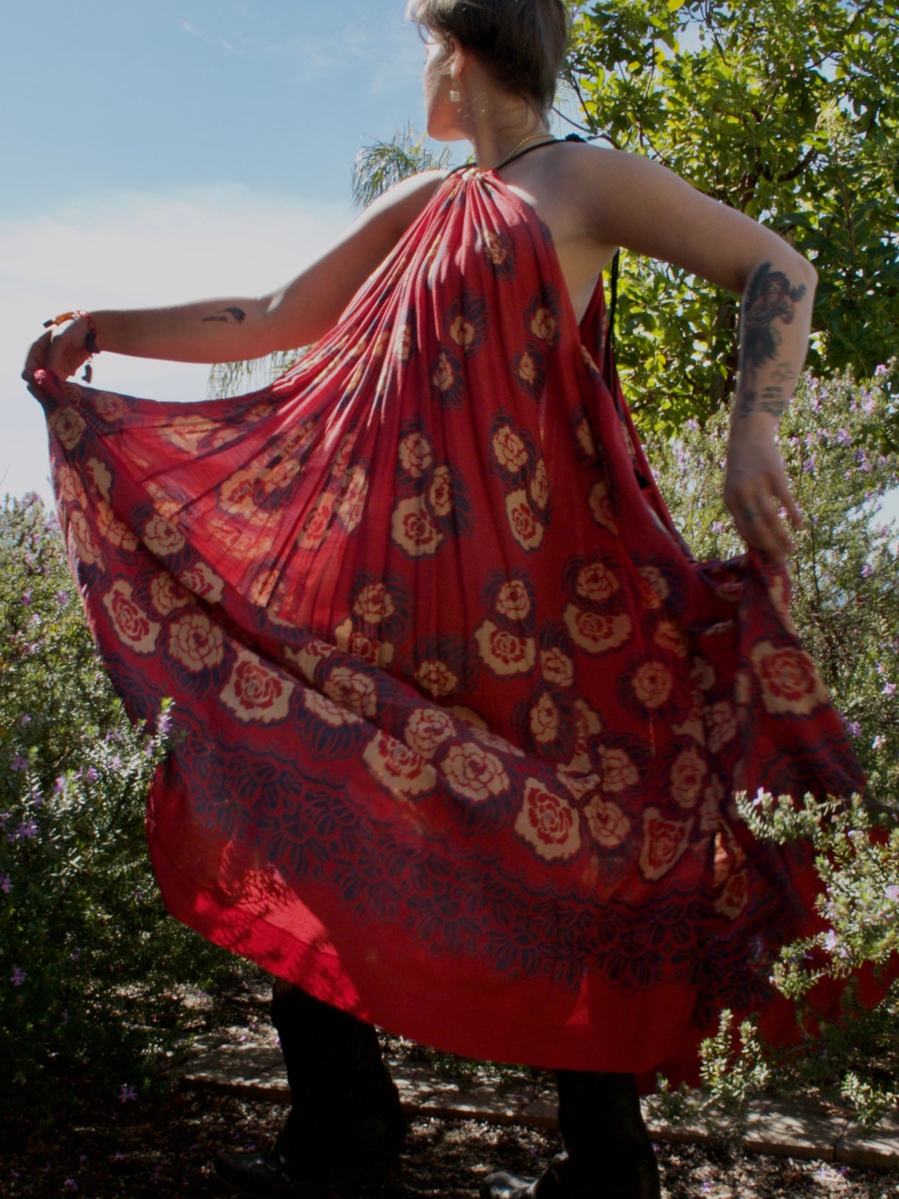 Antique Turkey Red Woven Silk Floral Print Drawstring Dress