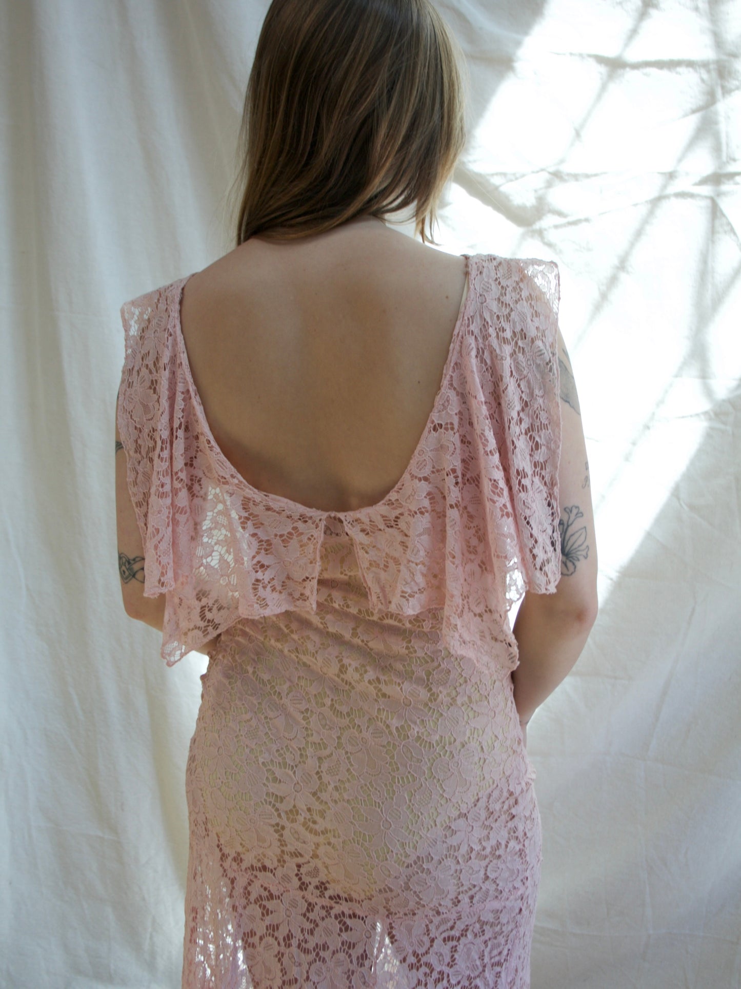 1930s Cowl Neck Bias Pink Lace Low Back Gown