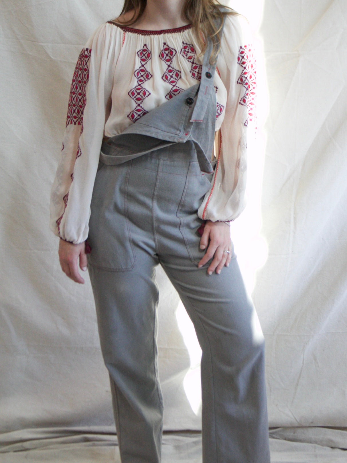 1940s/1950s Faded Cotton Side Button Bib Front Workwear Overalls