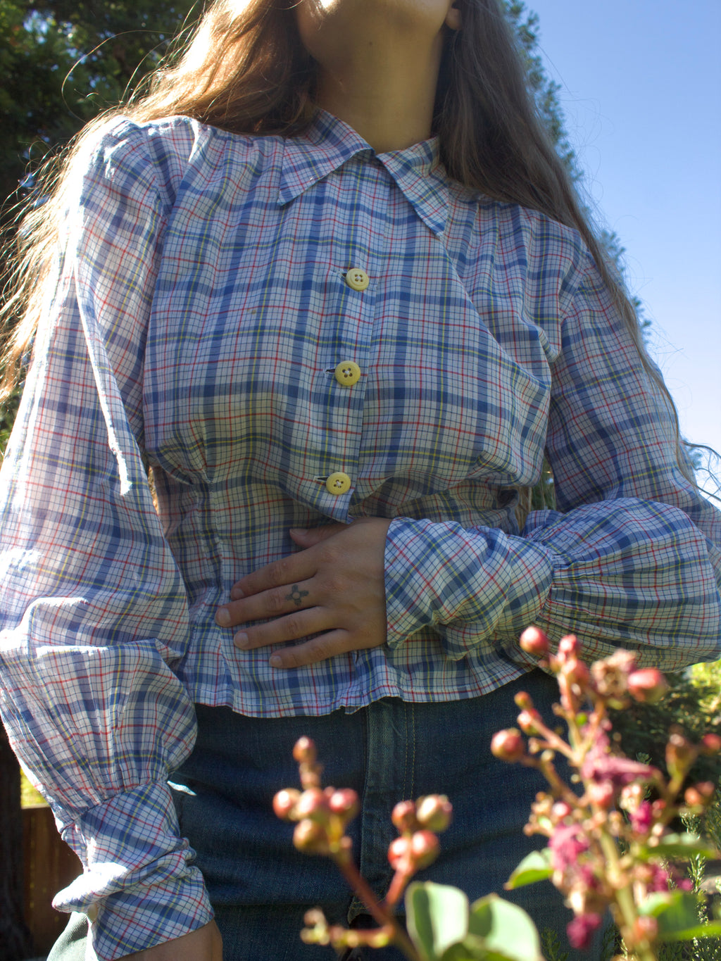 1940s Bishop Sleeve Plaid Cotton Blouse