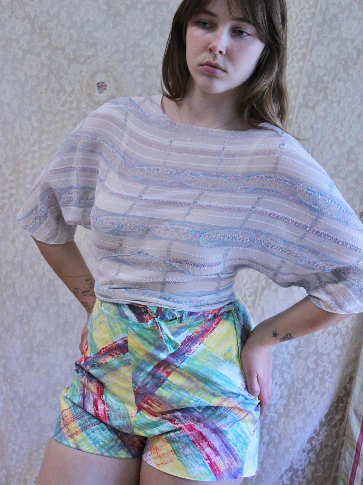 1950s Multicolor Cotton Side Button/ Zip Tie Waist Shorts