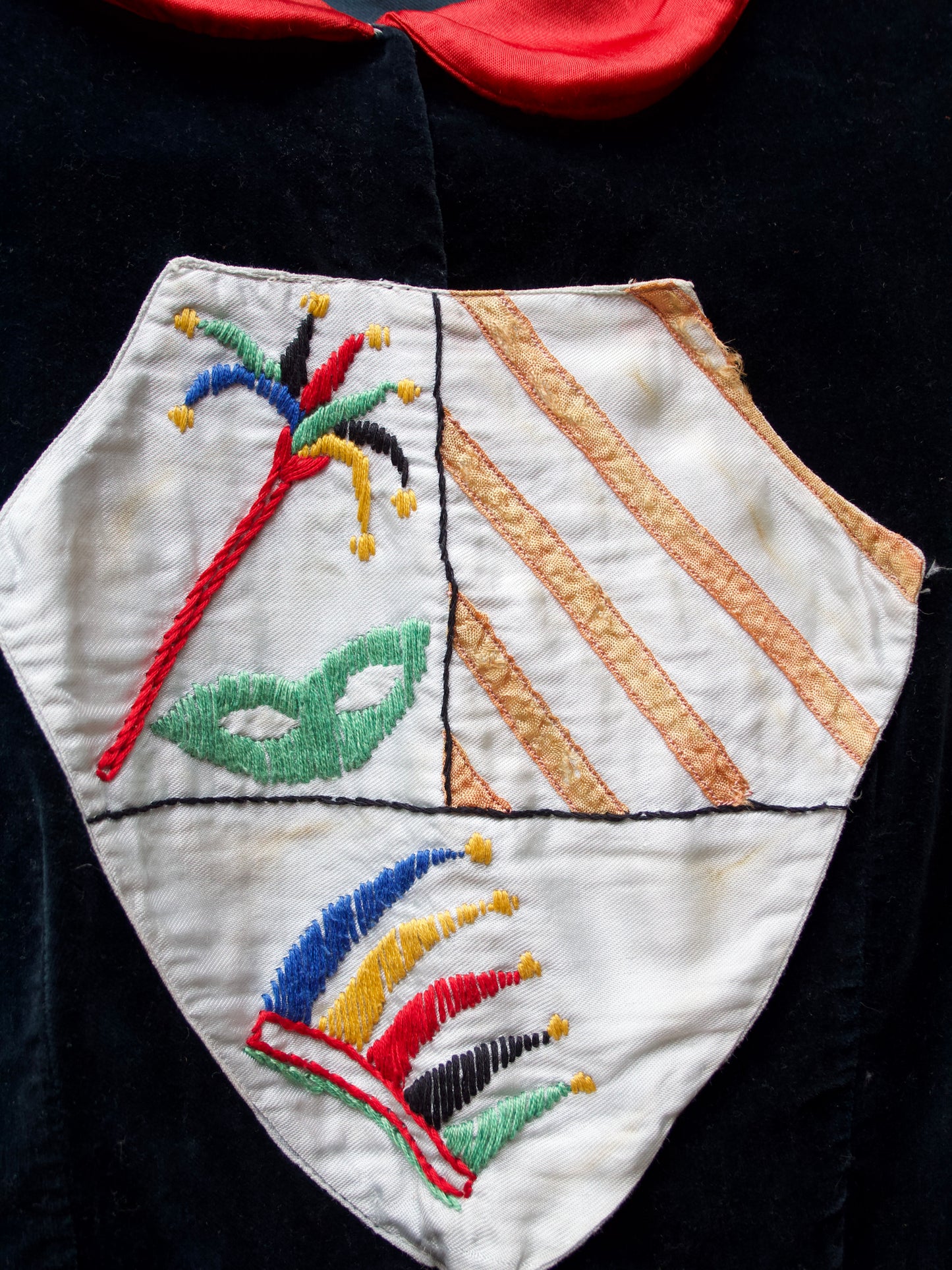 1930s Rayon & Velveteen Hand Embroidered Jester Bishop Sleeve Blouse