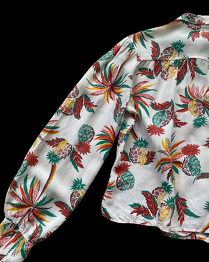 1940s Cold Rayon Loop Collar Palm Tree & Pineapple Print Bishop Sleeve Hawaiiana Blose