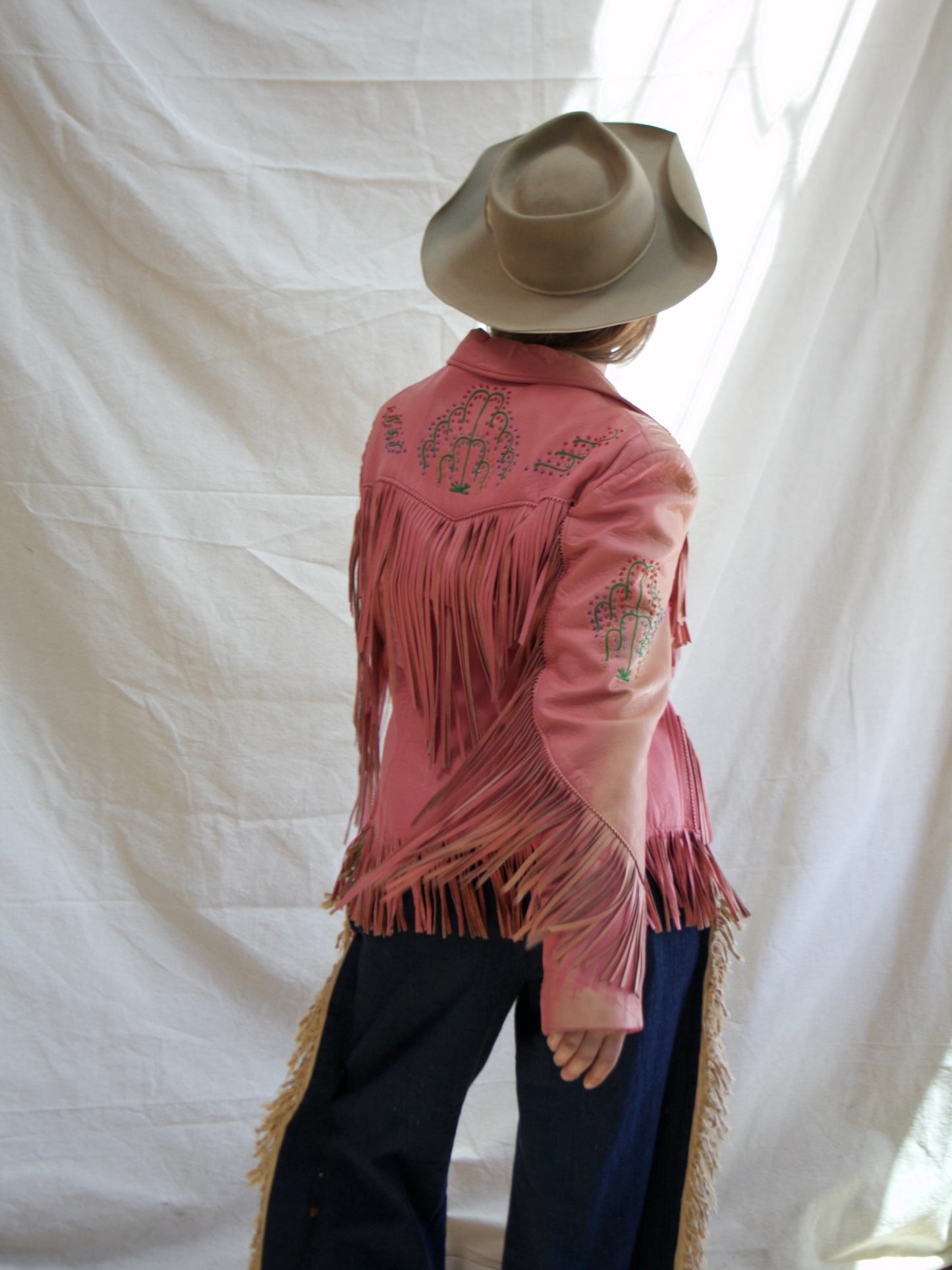 Special 1950s Sun Faded PINK Leather Fringe Western Beaded Jacket