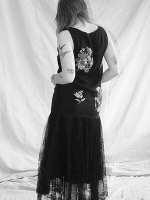 1920s Wool Embroidered Florals Silk & Chantilly Lace Drop Waist Gown