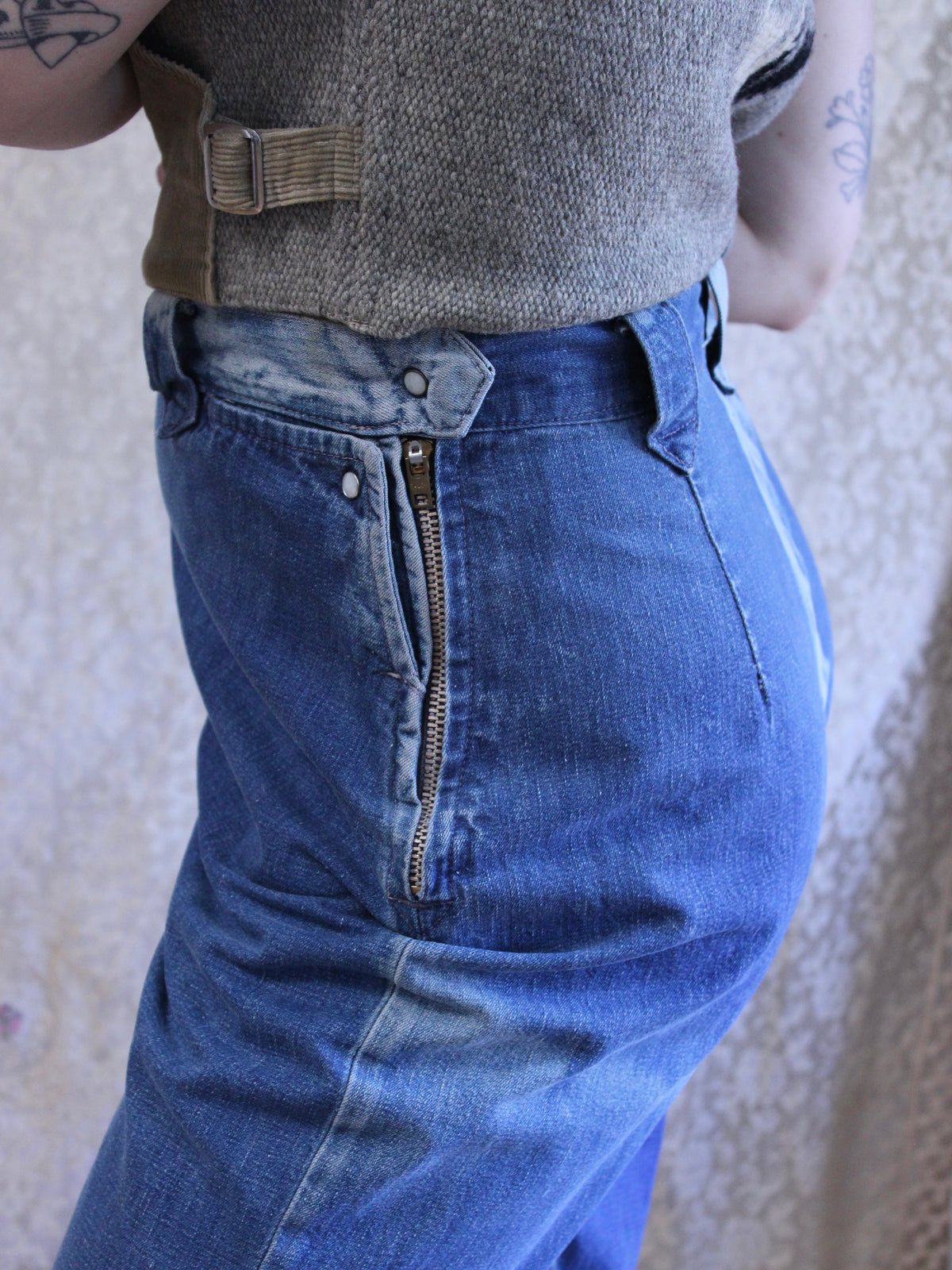 1950s Sun Faded Levis Western Pearl Snap Side Zip Denim