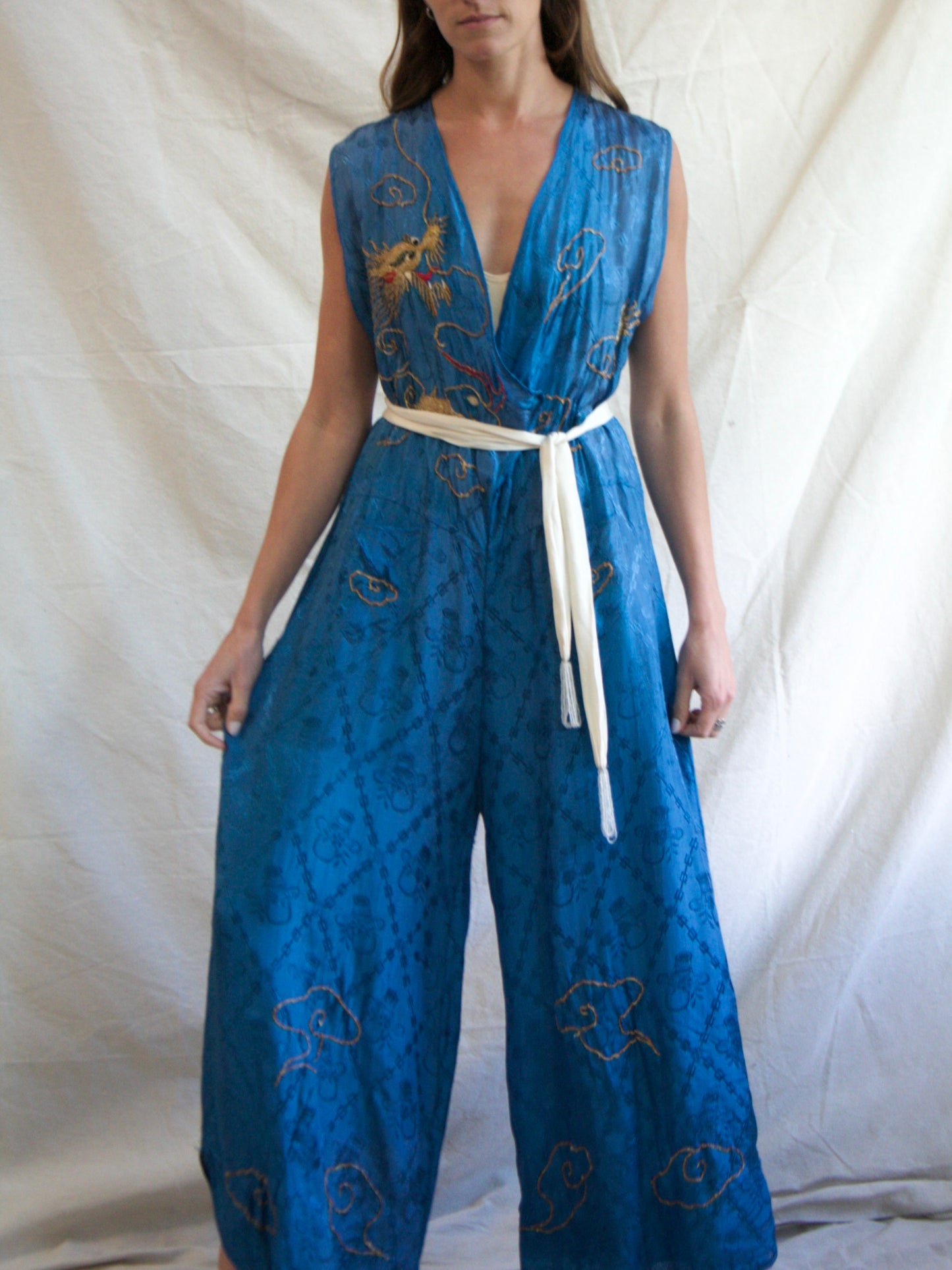 1930s 2 PC Rayon Jacquard Palazzo Pant Jumpsuit with Bullion Couching/ Stumpwork