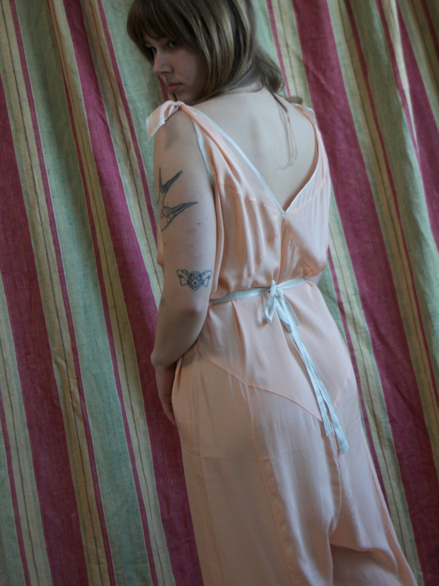 1930s Petal Pink Silk & Baby Blue Trim Tie Shoulder Palazzo Jumpsuit