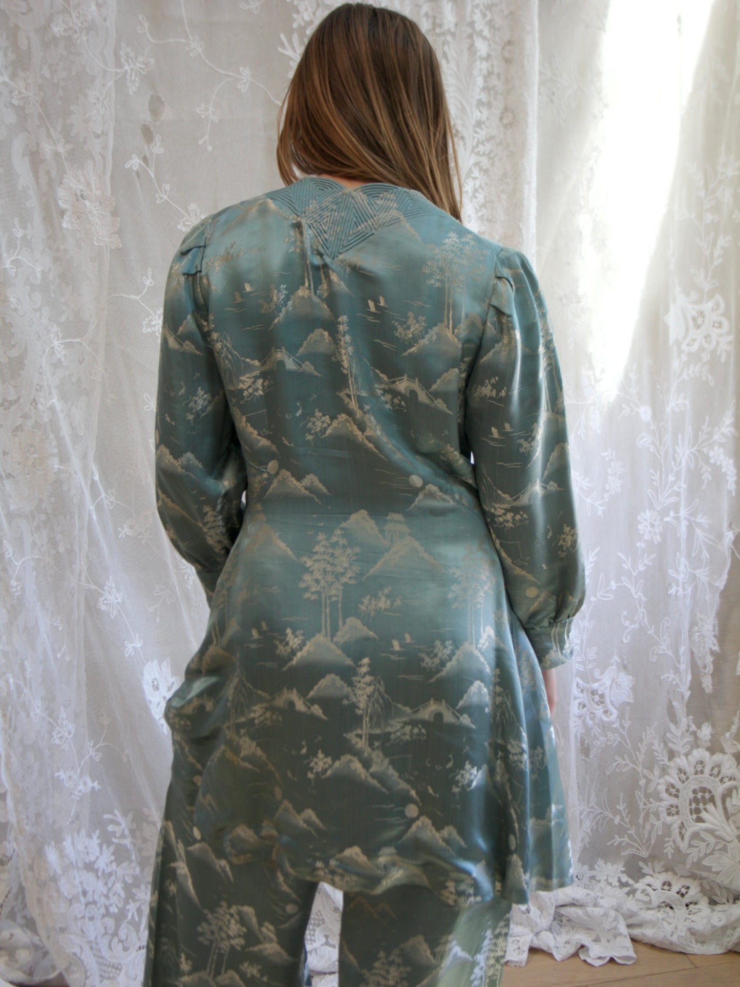 1930s Cornflower Blue Silk Jacquard 2 PC Palazzo Pant Tunic Set