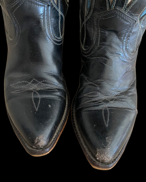 1950s/ 1960s Inlay Black Leather Pull Tab Cowboy Boots