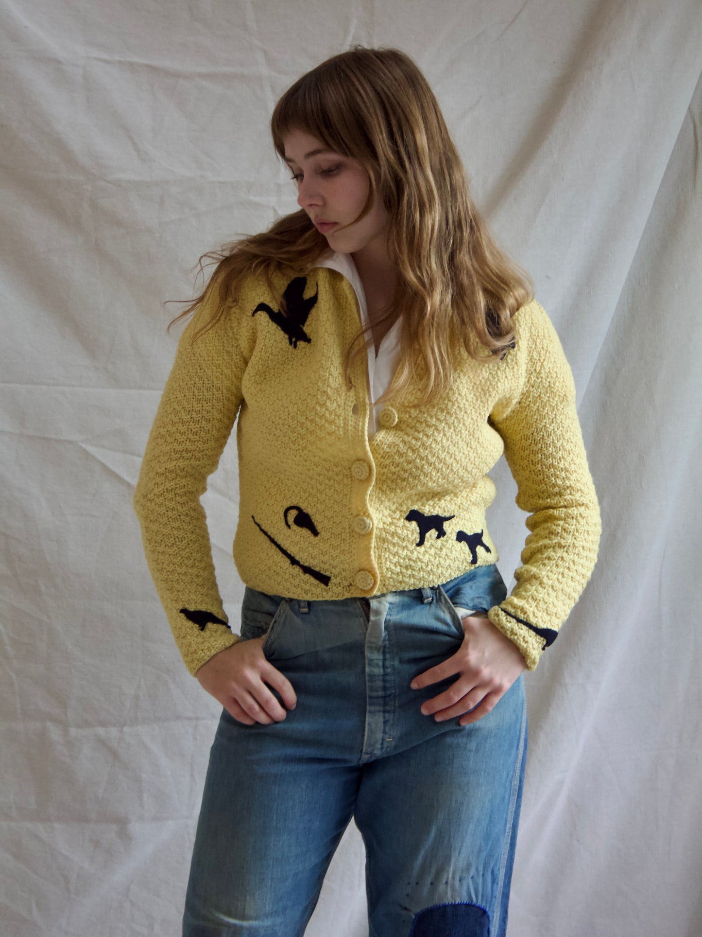 Special 1940s Wool Knit Hunting Theme Felt Appliqué Cardigan