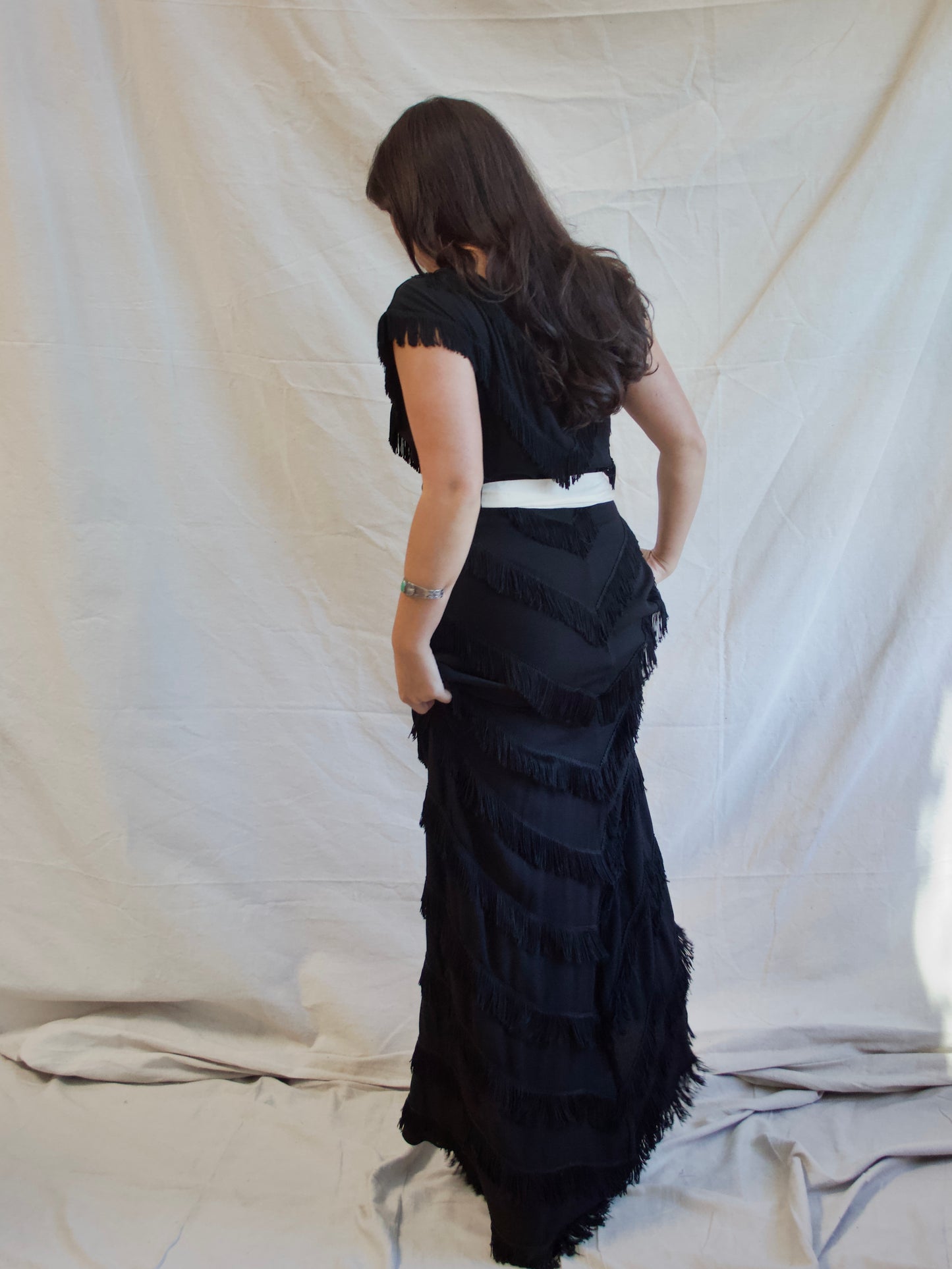 1940s Rayon Crepe Fringe Trained Gown