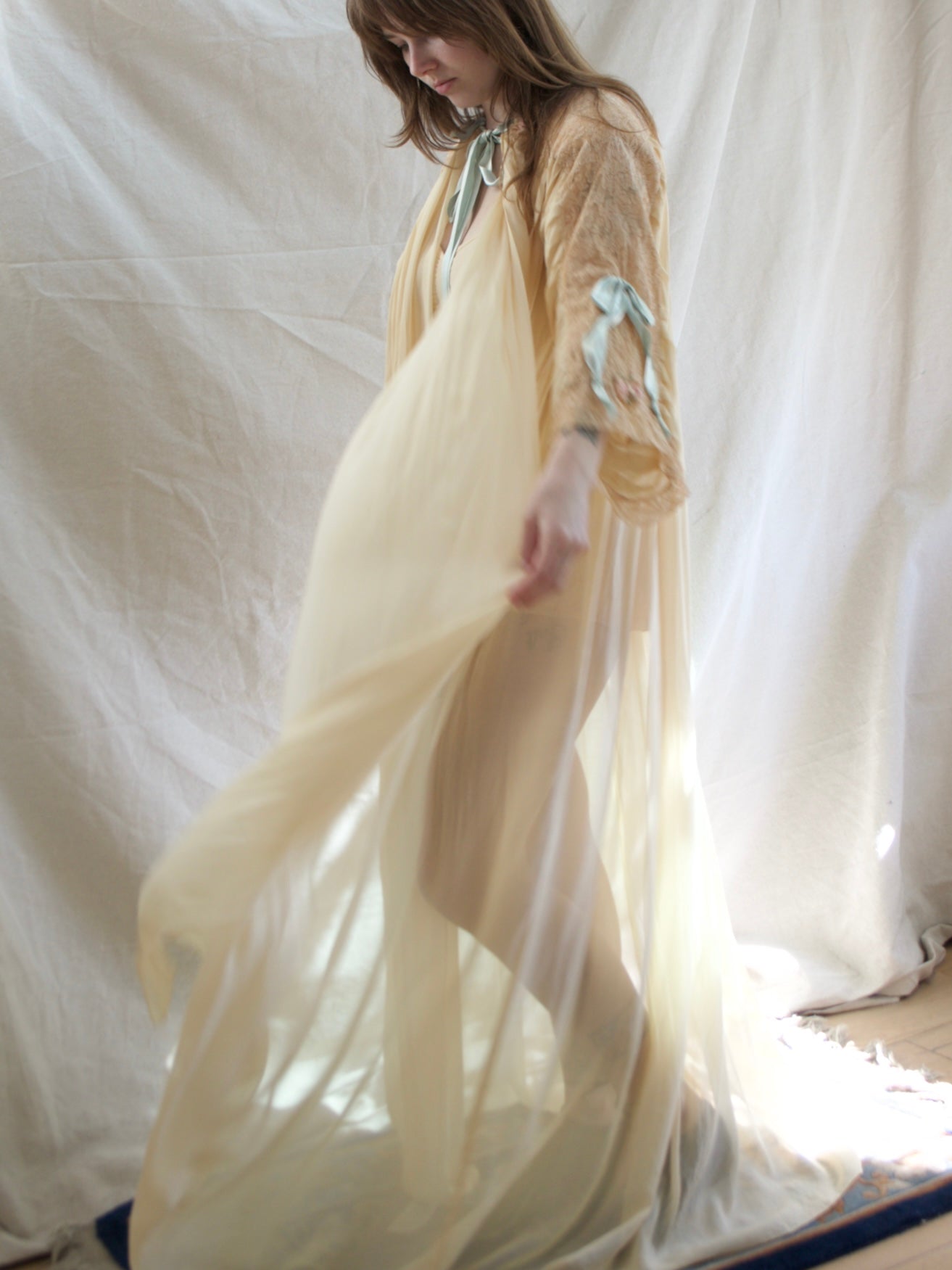 Rare 1947 Custom Hand Made Chiffon Lace Ribbonwork Peignoir