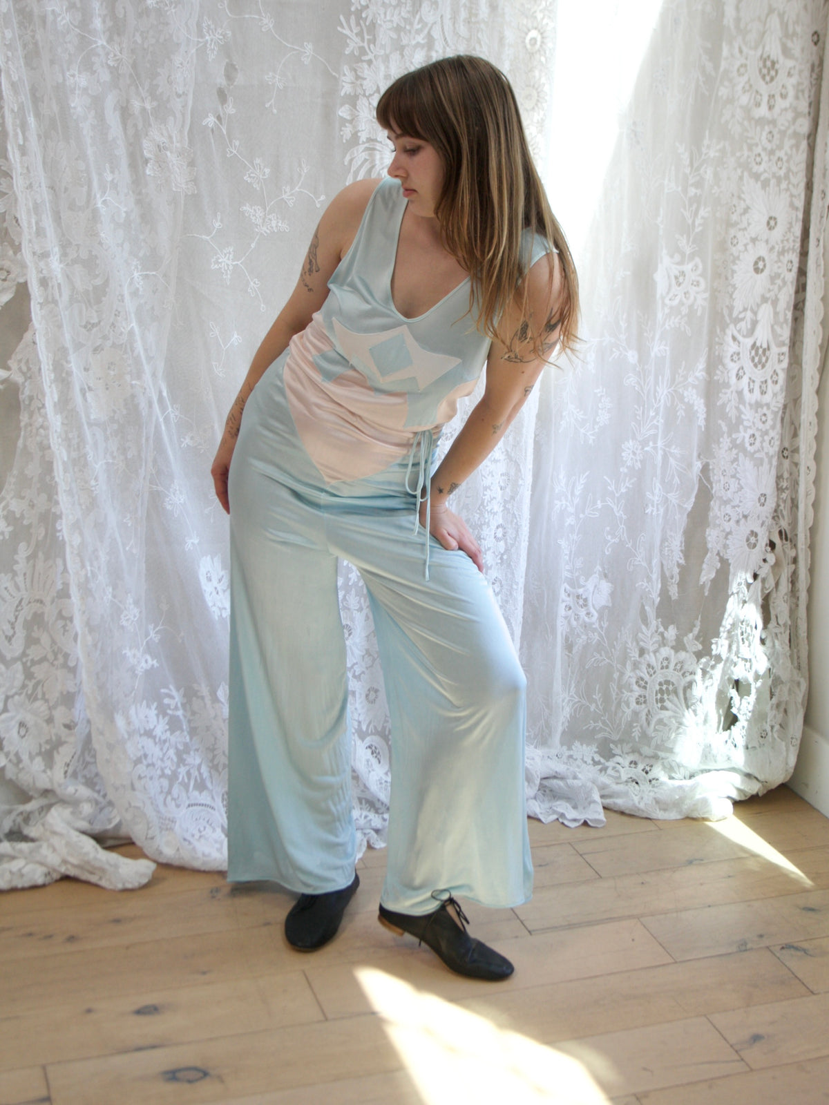 1930s Deco Pastel Rayon Jersey knit Lounge Jumpsuit