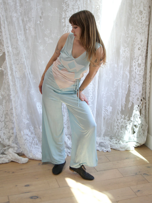 1930s Deco Pastel Rayon Jersey knit Lounge Jumpsuit