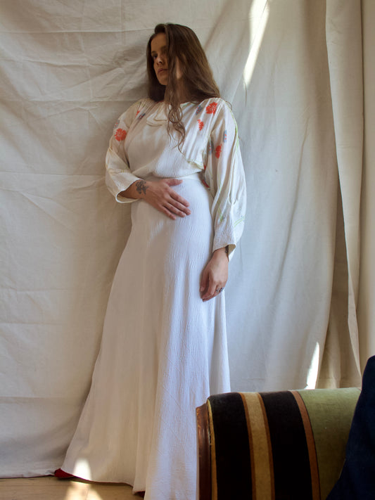 1930s Ivory Crepe & Floral Silk Dolman Sleeve Gown