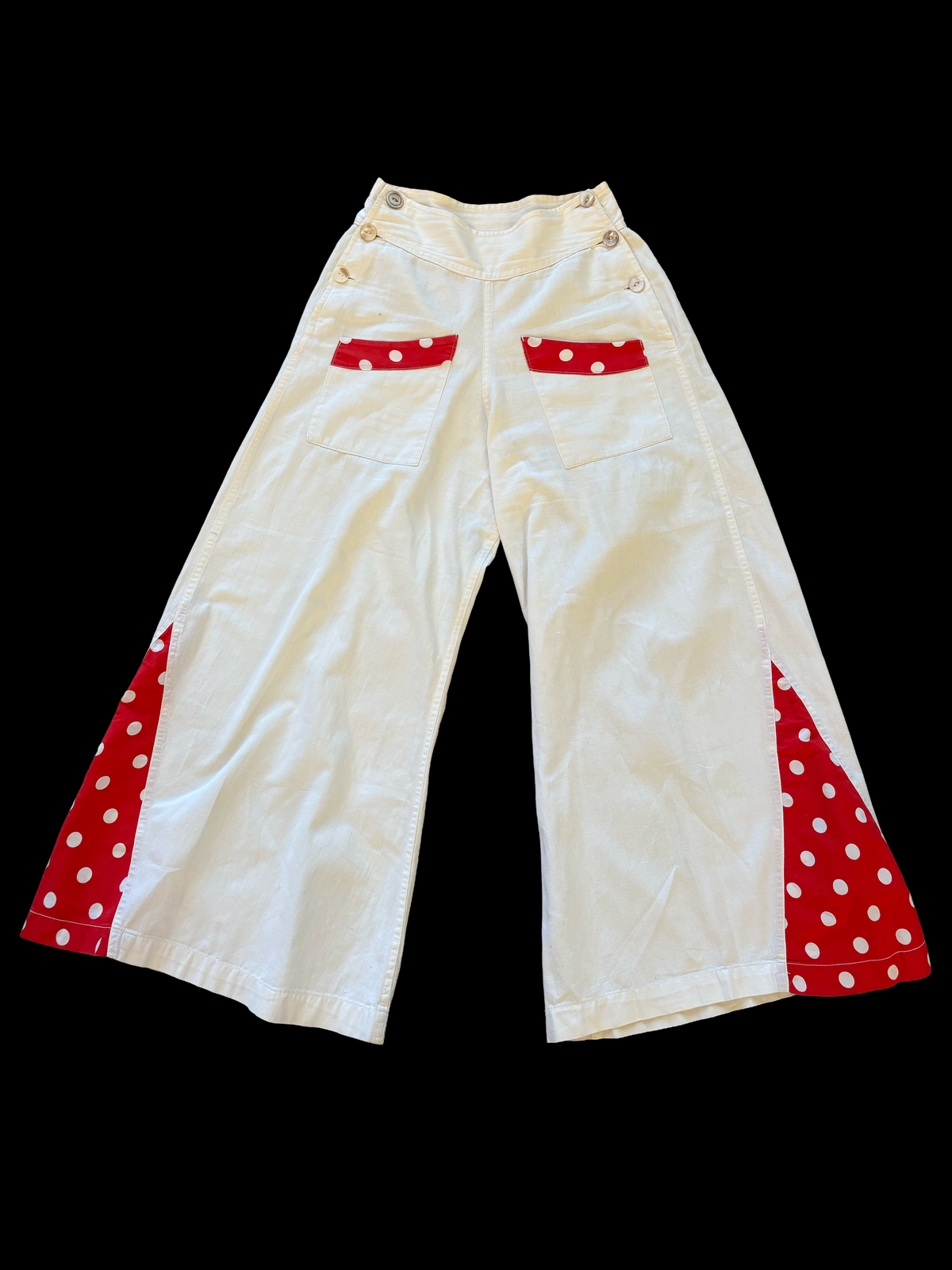 1930s Linen Fall Front Polka Dot Trim Beach Pajama Pants