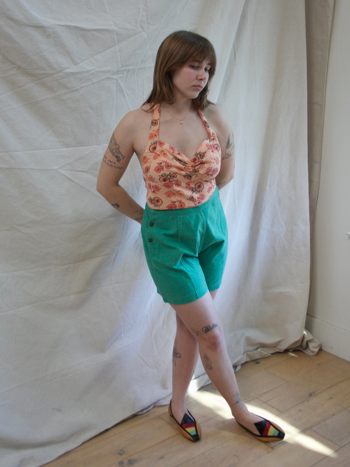 1940s Kelly Green Fall Front Side Button Shorts